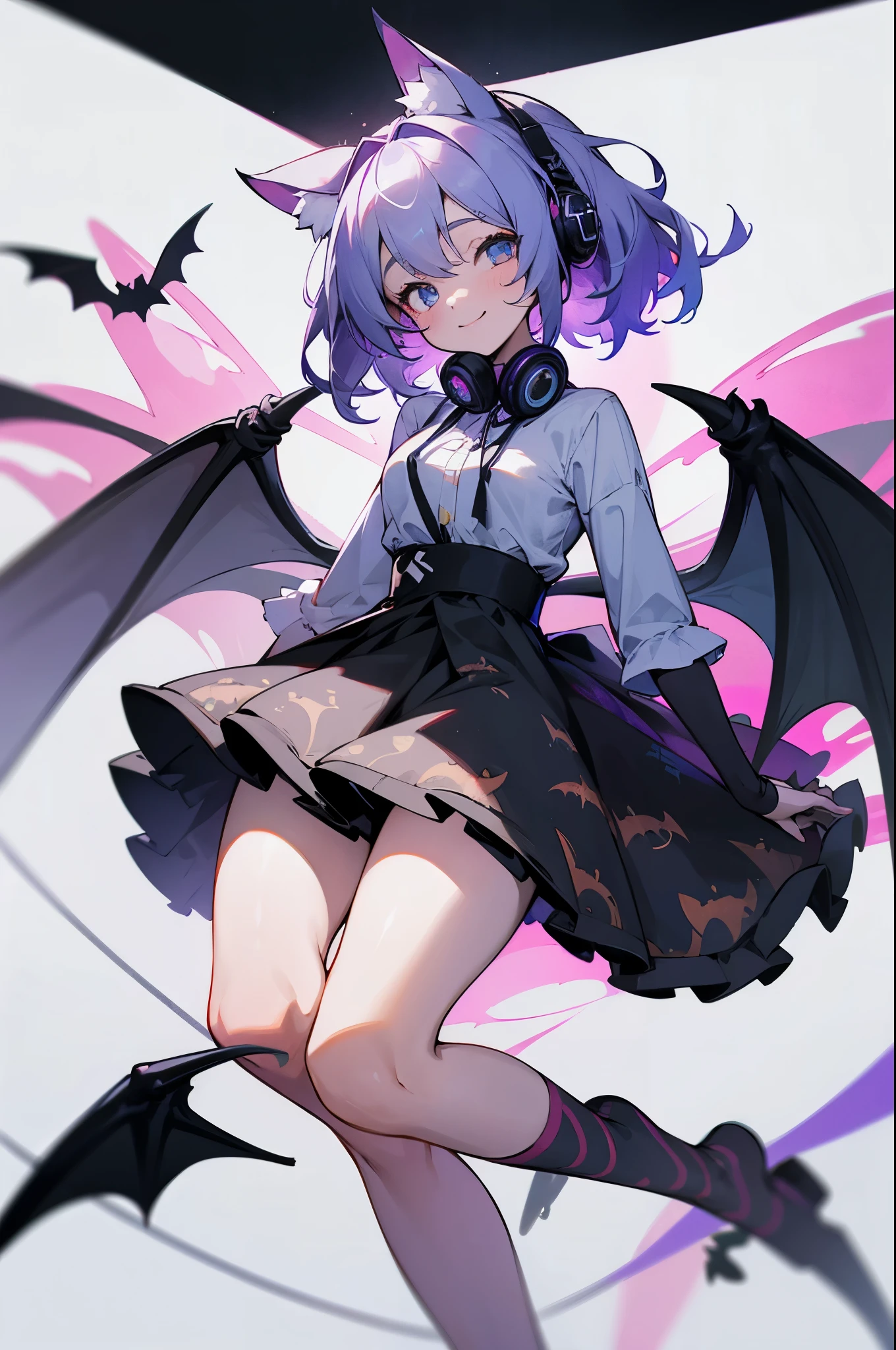 1girl, ultra hd, 4k, asymmetrical_hair, smile, eyes_visible_through_hair, animal_ears, bat_wings, headphones_around_neck, strapless, skirt, print_legwear, slippers