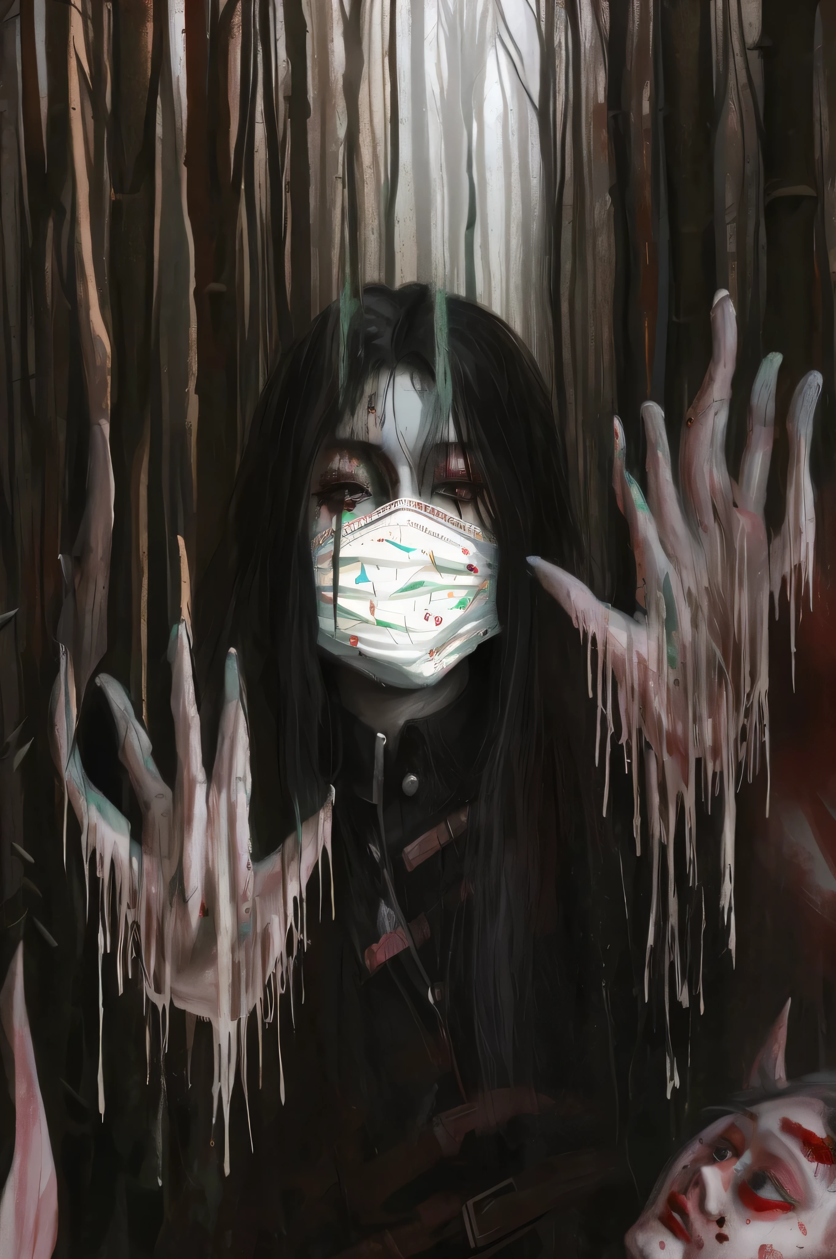 Horror Art, Horror, Fear, painting of a woman with long hair and a face mask in a forest, artwork of Dave McKean.