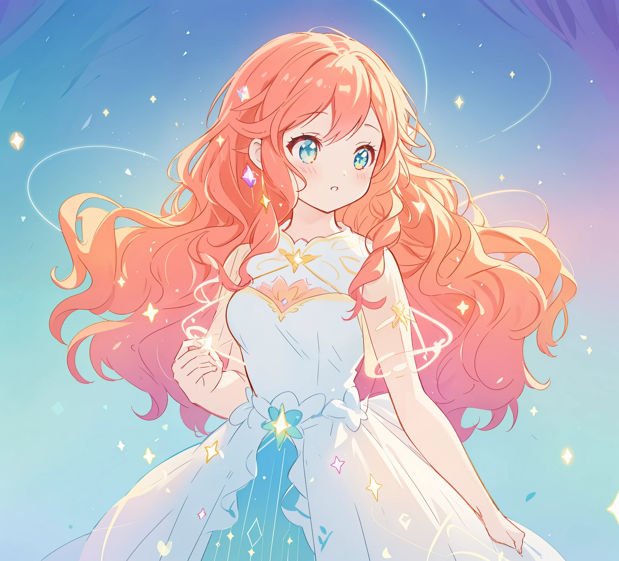 beautiful anime girl in white princess ballgown, vibrant pastel colors, (colorful), magical lights, red and gold long wavy curly hair, sparkling lines of light, inspired by Glen Keane, inspired by Lois van Baarle, disney art style, by Lois van Baarle, glowing aura around her, by Glen Keane, jen bartel, glowing lights! digital painting, flowing glowing hair, glowing flowing hair, beautiful digital illustration, fantasia background, whimsical, magical, fantasy, beautiful face, ((masterpiece, best quality)), intricate details, highly detailed, sharp focus, 8k resolution, sparkling detailed eyes, liquid watercolor