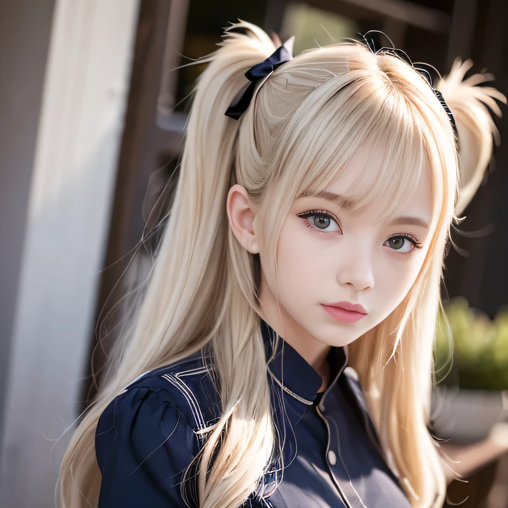 portrait、Topless、bright look、twin tails、young shiny glossy white shiny skin、best looks、blonde reflection、Platinum blonde hair with dazzling highlights、shiny bright hair,、super long straight hair、Shining beautiful bangs、Sparkling crystal clear charming big blue eyes、Very beautiful and lovely cute 12 year old girl、rich bust、White and beautiful blouse、With slit、((I could see the whole body))、beautiful face、The chest area of the clothes looks tight、Loosening perm、Pleated skirt with plenty of checked pleats、No bra、