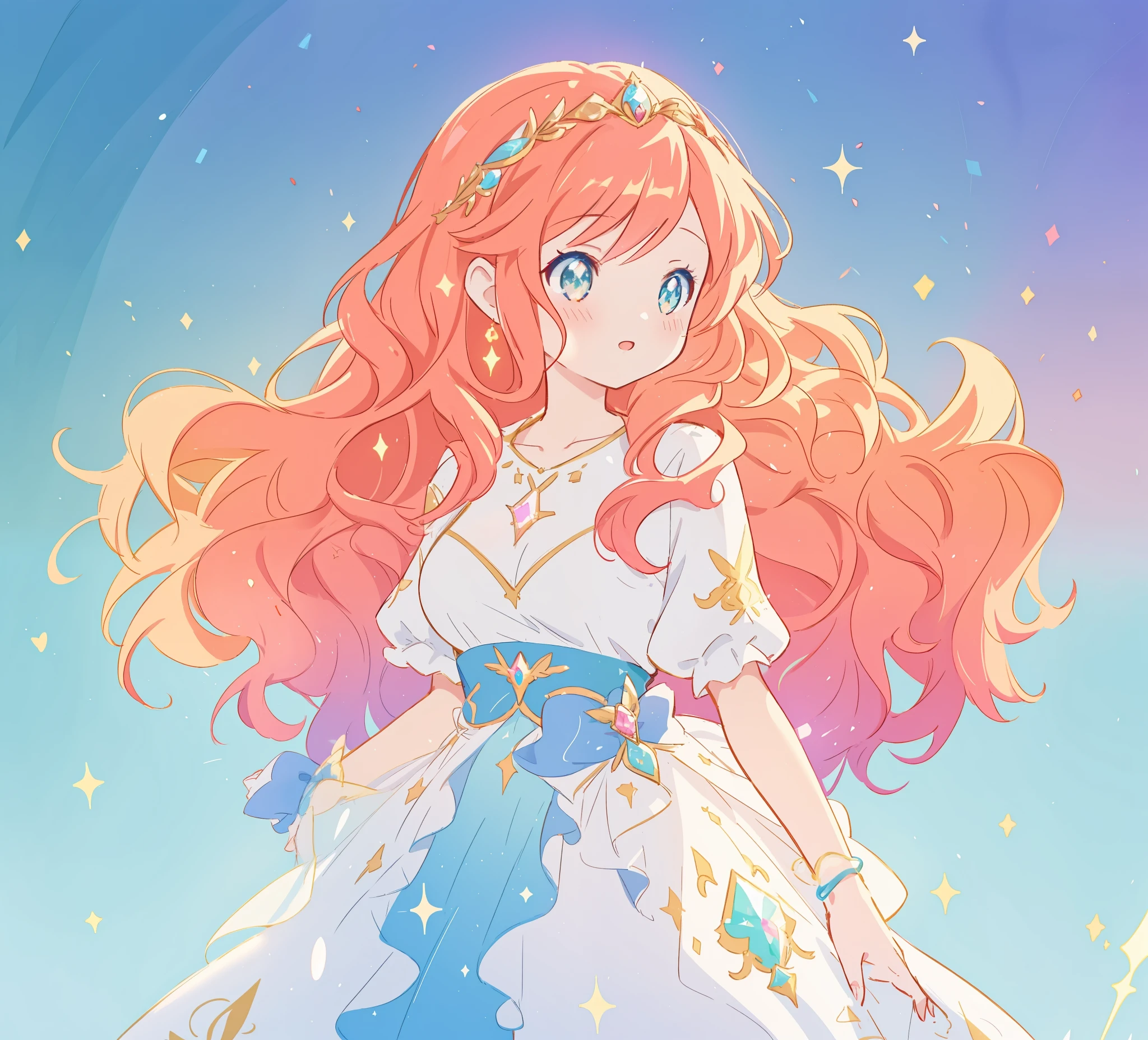 beautiful anime girl in white princess ballgown, vibrant pastel colors, (colorful), magical lights, red and gold long wavy curly hair, sparkling lines of light, inspired by Glen Keane, inspired by Lois van Baarle, disney art style, by Lois van Baarle, glowing aura around her, by Glen Keane, jen bartel, glowing lights! digital painting, flowing glowing hair, glowing flowing hair, beautiful digital illustration, fantasia background, whimsical, magical, fantasy, beautiful face, ((masterpiece, best quality)), intricate details, highly detailed, sharp focus, 8k resolution, sparkling detailed eyes, liquid watercolor