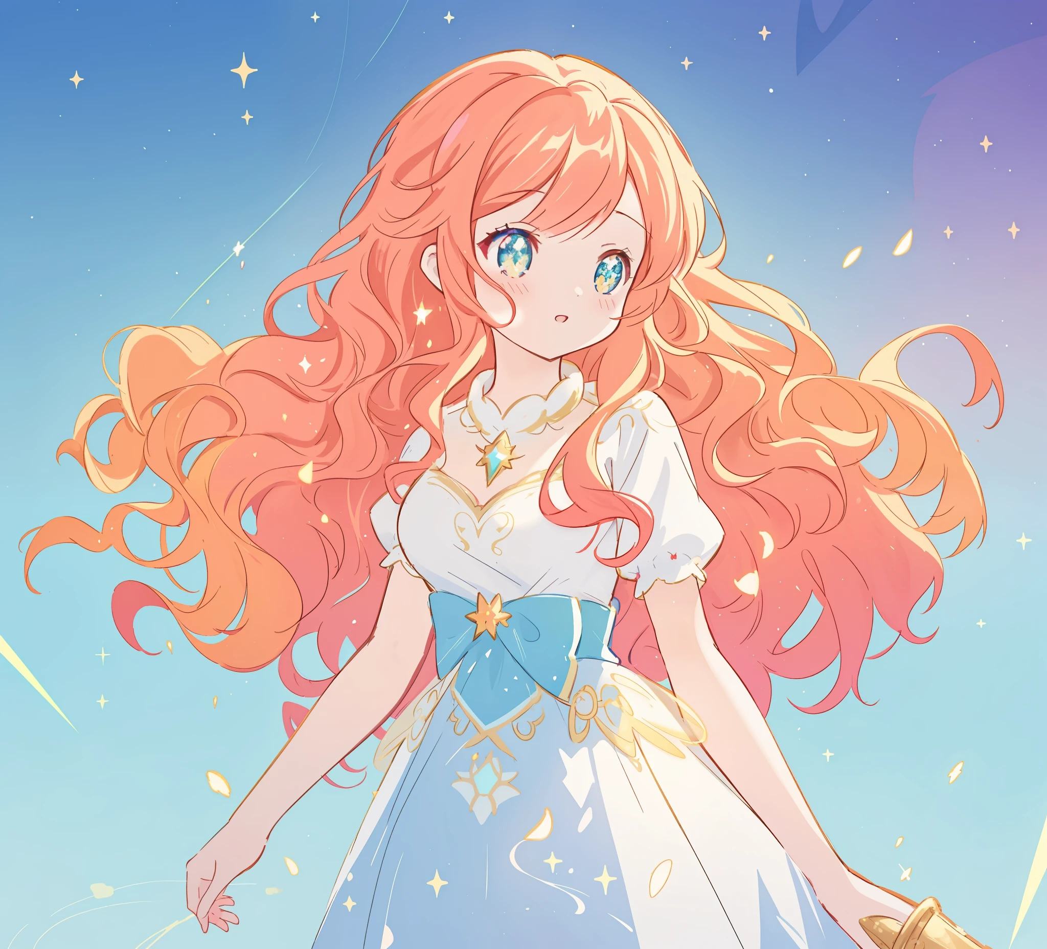 beautiful anime girl in white princess ballgown, vibrant pastel colors, (colorful), magical lights, red and gold long wavy curly hair, sparkling lines of light, inspired by Glen Keane, inspired by Lois van Baarle, disney art style, by Lois van Baarle, glowing aura around her, by Glen Keane, jen bartel, glowing lights! digital painting, flowing glowing hair, glowing flowing hair, beautiful digital illustration, fantasia background, whimsical, magical, fantasy, beautiful face, ((masterpiece, best quality)), intricate details, highly detailed, sharp focus, 8k resolution, sparkling detailed eyes, liquid watercolor