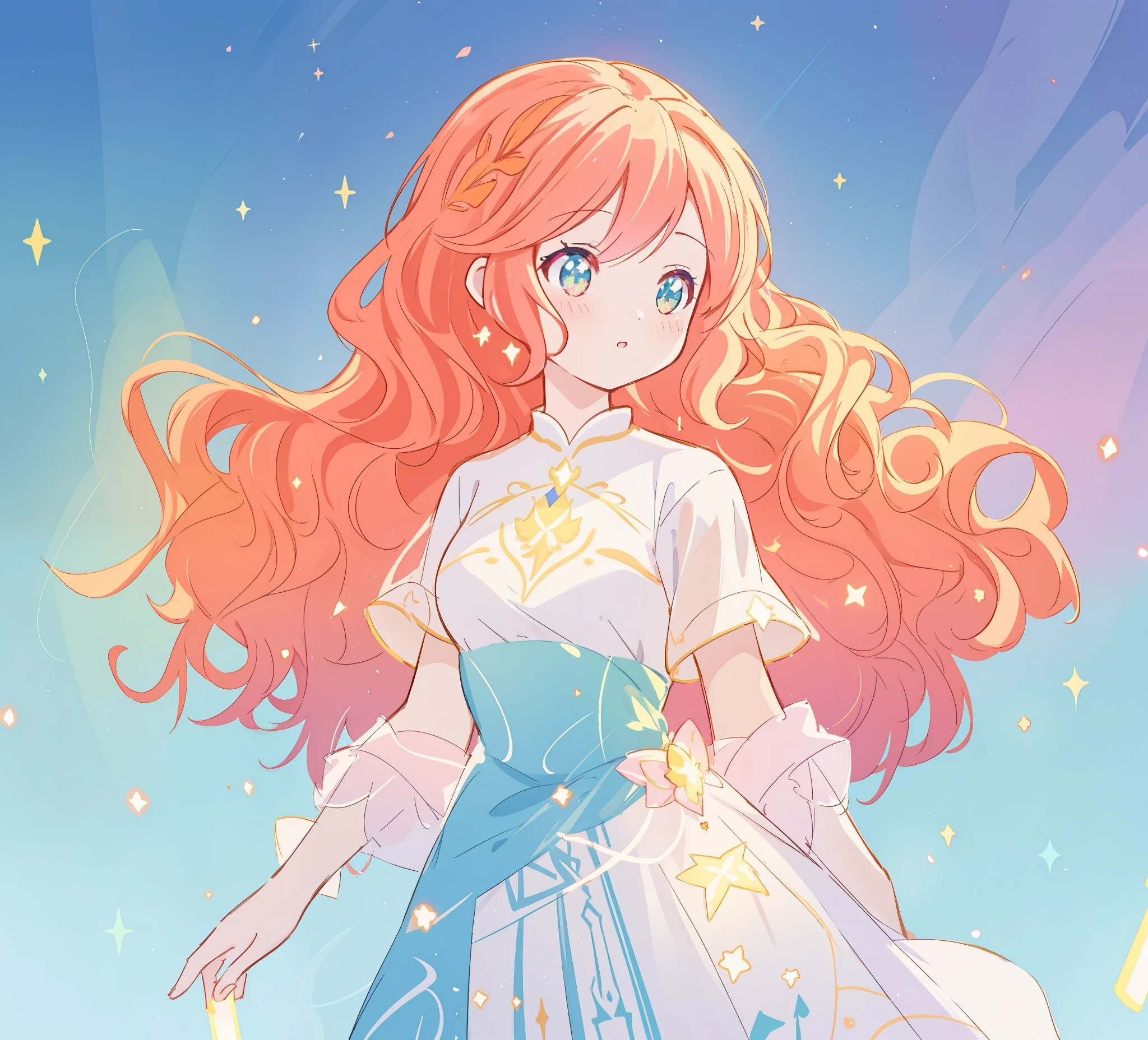 beautiful anime girl in white princess ballgown, vibrant pastel colors, (colorful), magical lights, red and gold long wavy curly hair, sparkling lines of light, inspired by Glen Keane, inspired by Lois van Baarle, disney art style, by Lois van Baarle, glowing aura around her, by Glen Keane, jen bartel, glowing lights! digital painting, flowing glowing hair, glowing flowing hair, beautiful digital illustration, fantasia background, whimsical, magical, fantasy, beautiful face, ((masterpiece, best quality)), intricate details, highly detailed, sharp focus, 8k resolution, sparkling detailed eyes, liquid watercolor