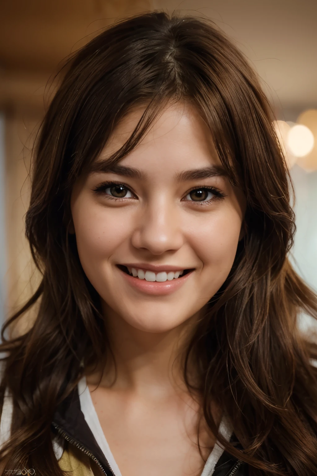 photo realistic 20-28 years old woman, woman brown eyes, brown hair, ultrahd, realistic style, angel, detailed face, laughing in a fun environment