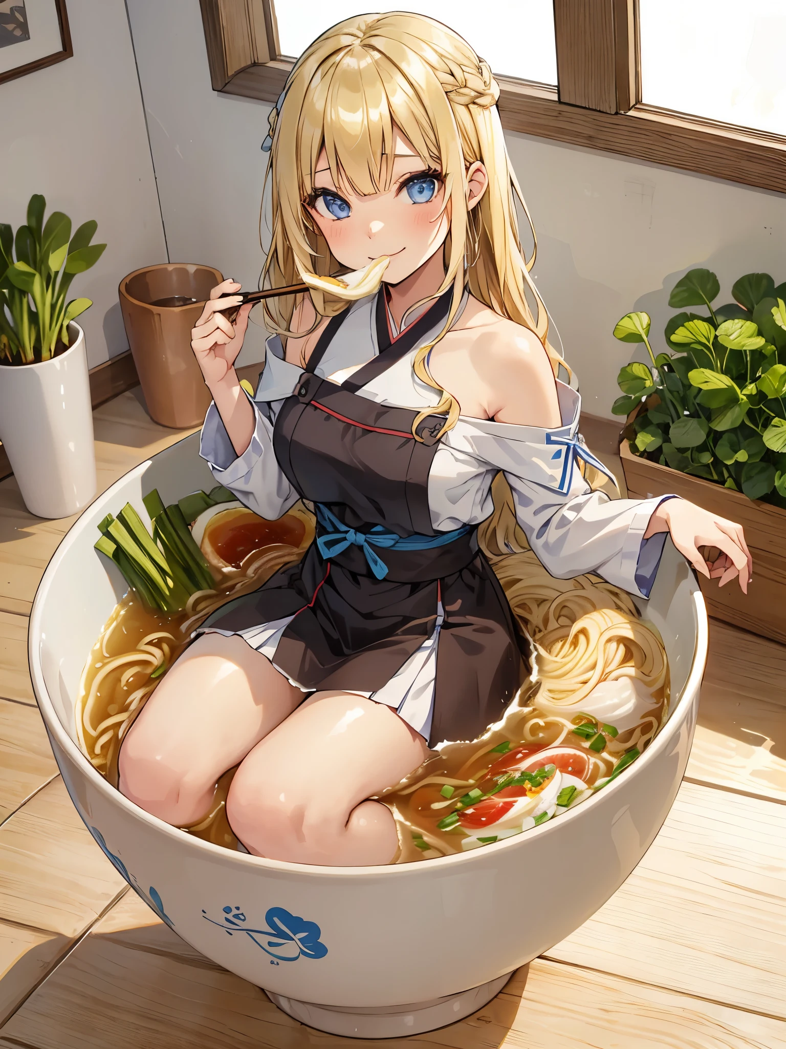 1girl,Allein,Blaue Augen,blonde Haare,vorne geflochten,Smile,Full body,Schenkel,medium breasts,traditionelle koreanische Kleidung,minigirl, in Lebensmitteln,in the container,in a ramen bowl,Suppe, Ramen, Nudeln,Ei,Fleisch,Spring onion,teilweise untergetaucht,Sweet,Dampf,koreanischer Hintergrund,keine Schuhe,eating from the bowl with chopsticks