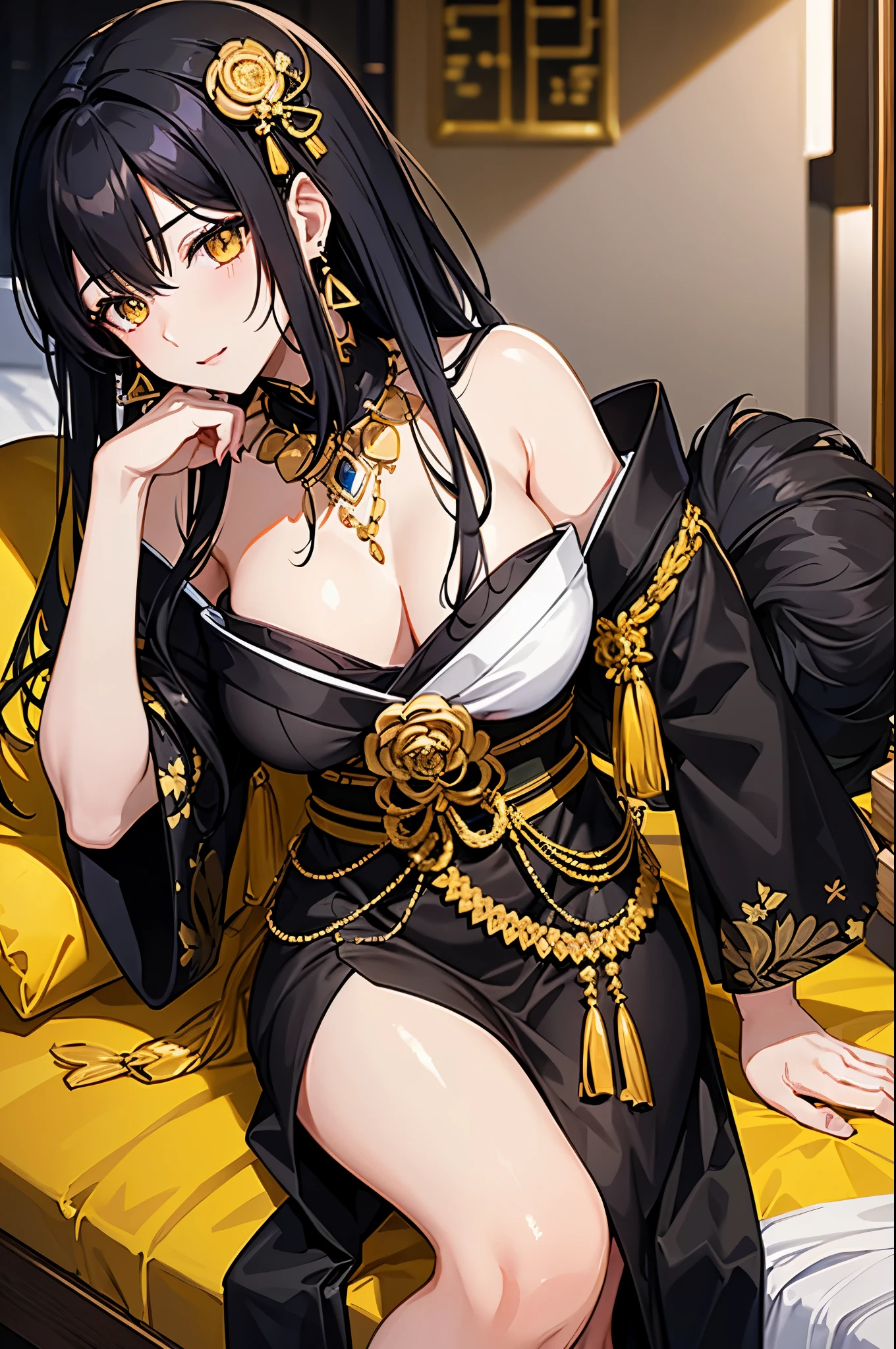 A Japanese woman, black hair, yellow eyes, silky black mini dress, earrings and necklace, big chest, wealthy, at luxurious house 