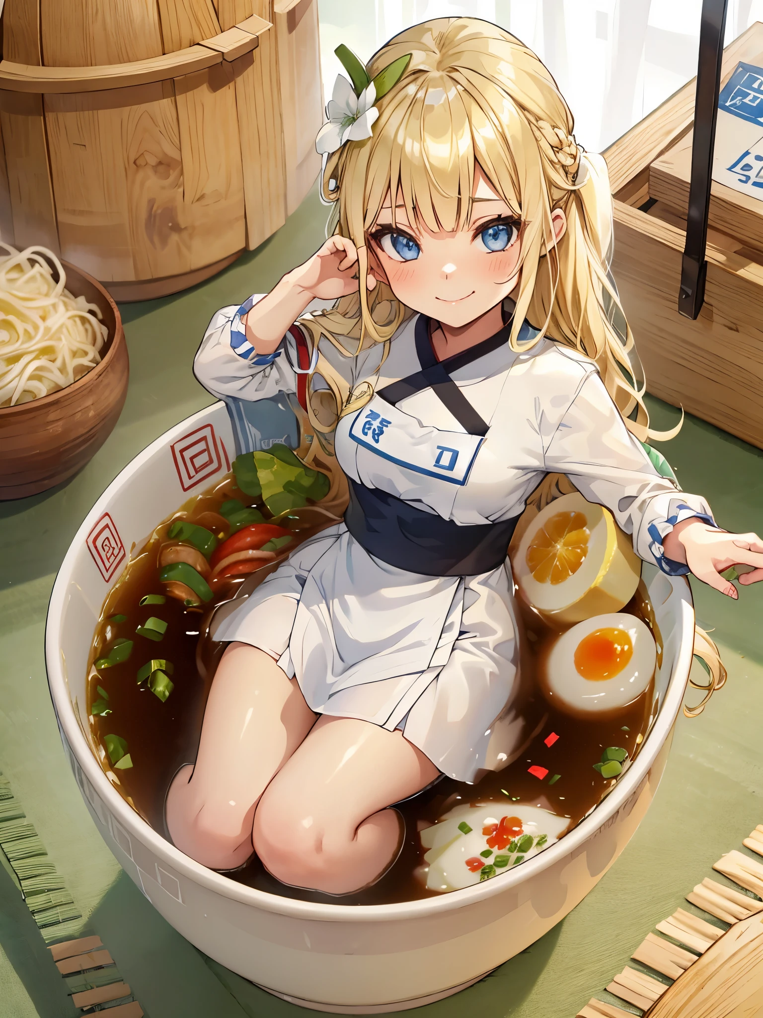 1girl,Allein,Blaue Augen,blonde Haare,vorne geflochten,Smile,Full body,Schenkel,medium breasts,traditionelle koreanische Kleidung,minigirl, in Lebensmitteln,in the container,in a ramen bowl,Suppe, Ramen, Nudeln,Ei,Fleisch,Spring onion,teilweise untergetaucht,Sweet,Dampf,koreanischer Hintergrund,keine Schuhe,eating from the bowl with chopsticks