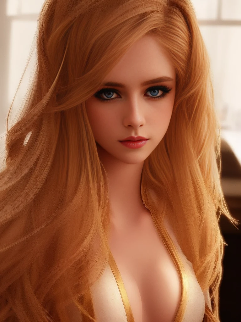 beautiful detailed eyes, beautiful detailed lips, extremely detailed face, long eyelashes, blonde hair, prominent features, soft lighting, realistic skin texture, vibrant colors, masterful brushwork, intense gaze, captivating expression, high-resolution portrait, (topless), (nipples), (finely crafted), (sensual)