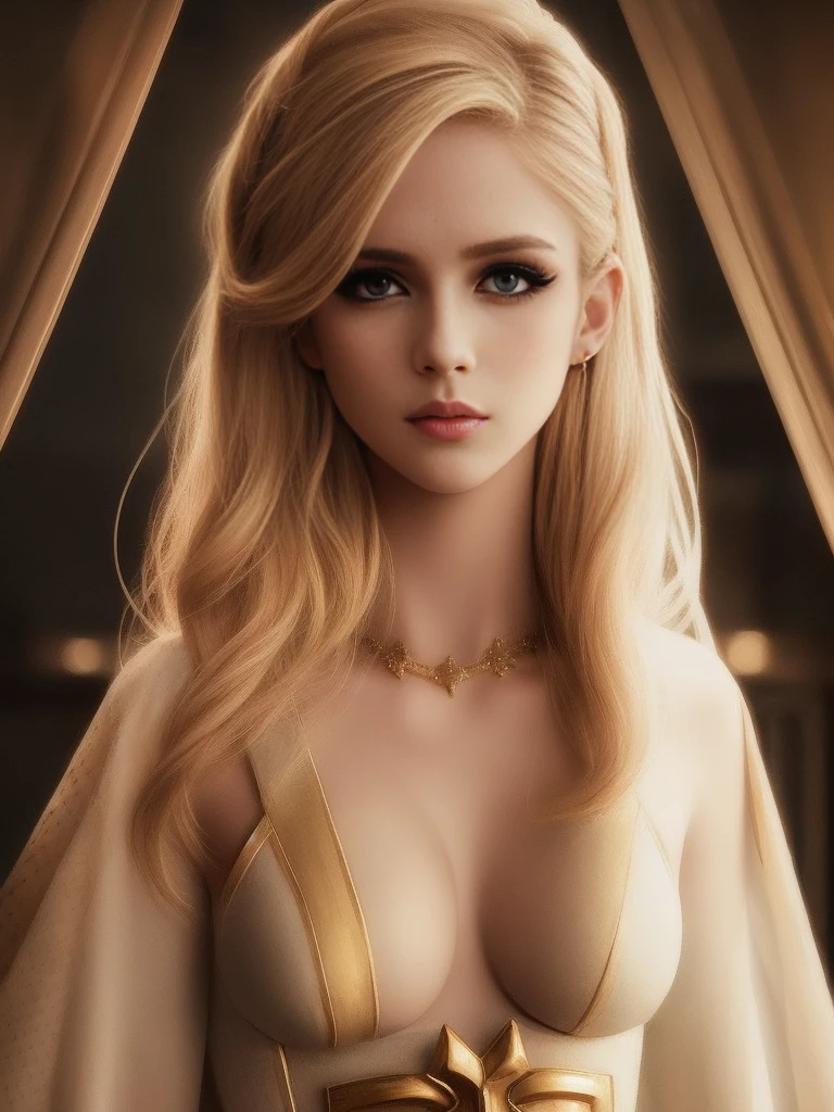 beautiful detailed eyes, beautiful detailed lips, extremely detailed face, long eyelashes, blonde hair, prominent features, soft lighting, realistic skin texture, vibrant colors, masterful brushwork, intense gaze, captivating expression, high-resolution portrait, (topless), (nipples), (finely crafted), (sensual)