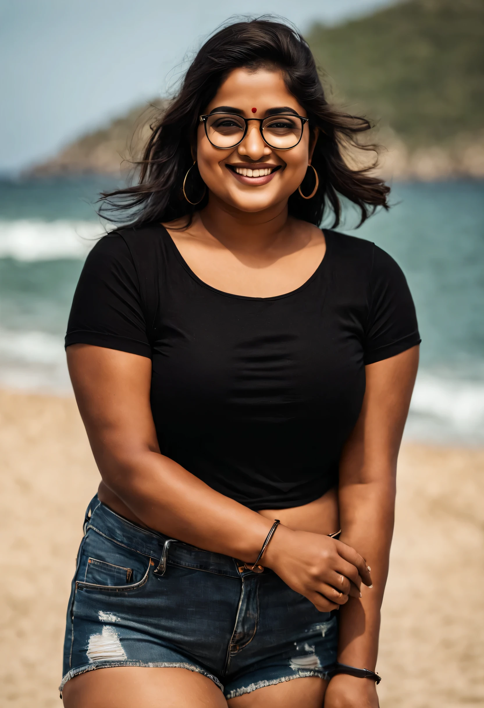 ultrarealistic hires photo of Indian woman wearing black top and denim shorts, 20 years old,(chubby cheeks), (curvy body), (eyeglasses), (bindi), An Indian beauty, charismatic, dark Indian- skin, view the viewer, naughty smile, in a beach, realistic skin texture
