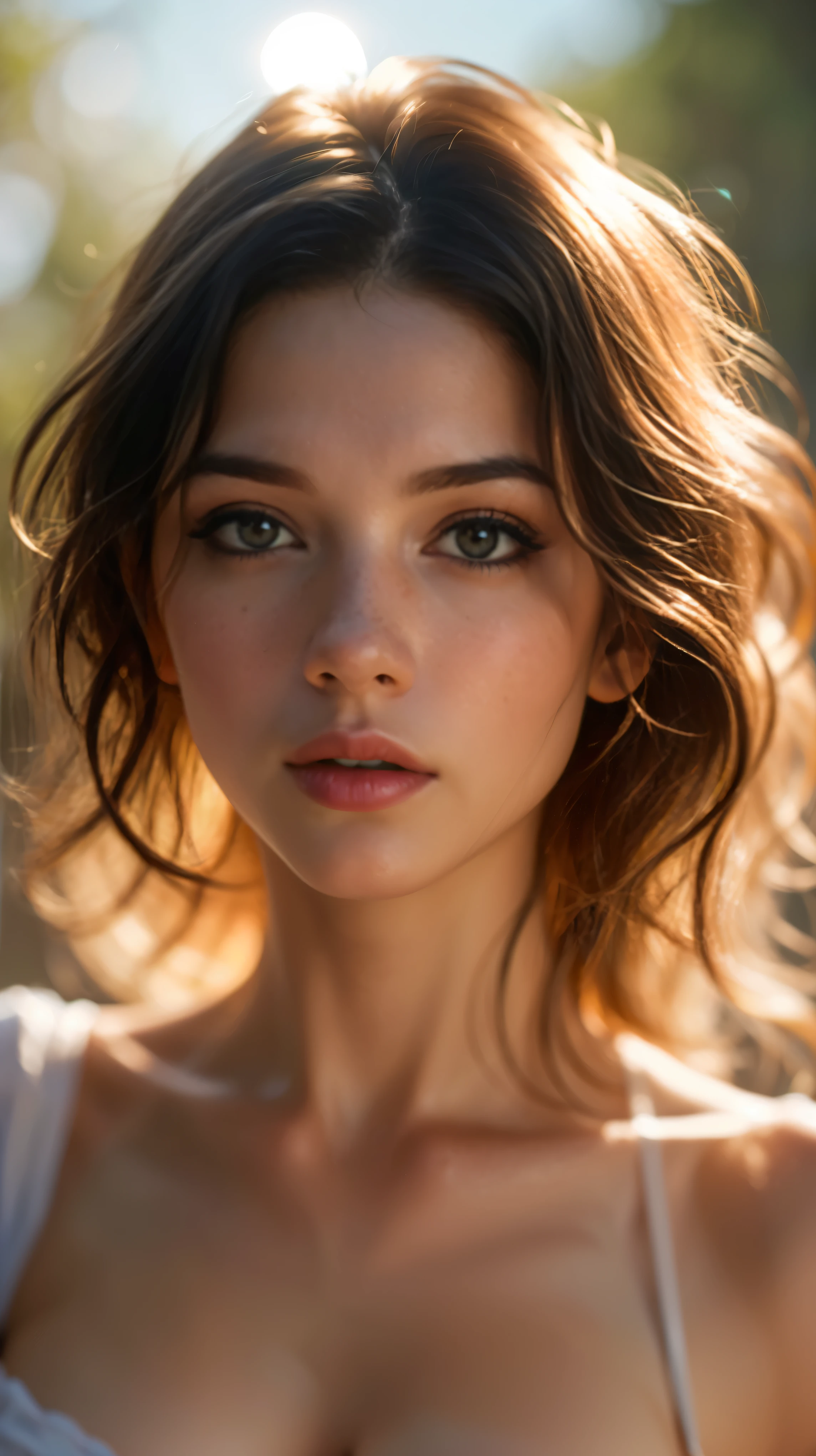 (((ultra realistic))) Photo, masterpiece, top quality, (pale skin), (Ultra detailed face and eyes:1.3), 1 girl, Adult, in a T-shirt, (Eye makeup, mascara) , ((large detailed lips)), ((ash wavy hair)), ((Chyolka)) , (Natural breasts), Slim waist. ((Posing)), photoshoot, studio (soft lighting), (The play of light and shadows), depth of field, bokeh, (special attention to skin detail: 1.2), Detailed leather texture, skin pores. (Airy atmosphere of the frame. Color range - delicate, Bright, white, Pink tones), UDR, ((Film grain)), ((rays)), ((glare of the sun)), ((waist up portrait, close to the camera)) , ultra detialed,