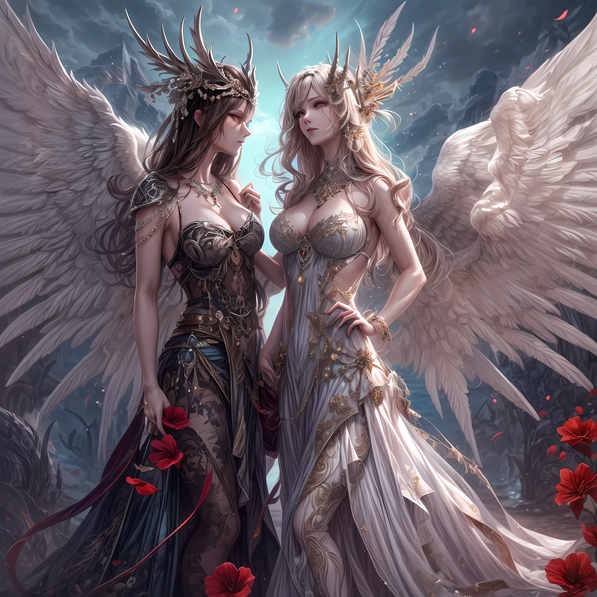 fantasy art, RPG art [[a picture of 2 women]], , a female angel (Masterpiece, intricate details), wearing dress, pale skin, best details beautiful face (Masterpiece, intricate details), blond hair, long hair wavy hair (Masterpiece,  intricate details), blue eyes, high heeled boots, wearing a dresasterpiece, intricate details), large angelic wings, white angelic wings spread [AND] a female demon (Masterpiece, 1.3, intricate details), demon, red skin (Masterpiece,  intricate details), demonic wings, black demonic wings spread, demonic hornasterpiece), red skin (Masterpiece), black hair, red eyes, best details beautiful face (Masterpiece, intricate details), wearing a dressier piece: 1.3, intricate details), high heels, in the border between heaven and hell, moon, stars, clouds, god rays, soft natural light silhouette, dynamic angle, photorealism, panoramic view (Masterpiece 1.3, intense details) , Wide-Angle, Ultra Wide