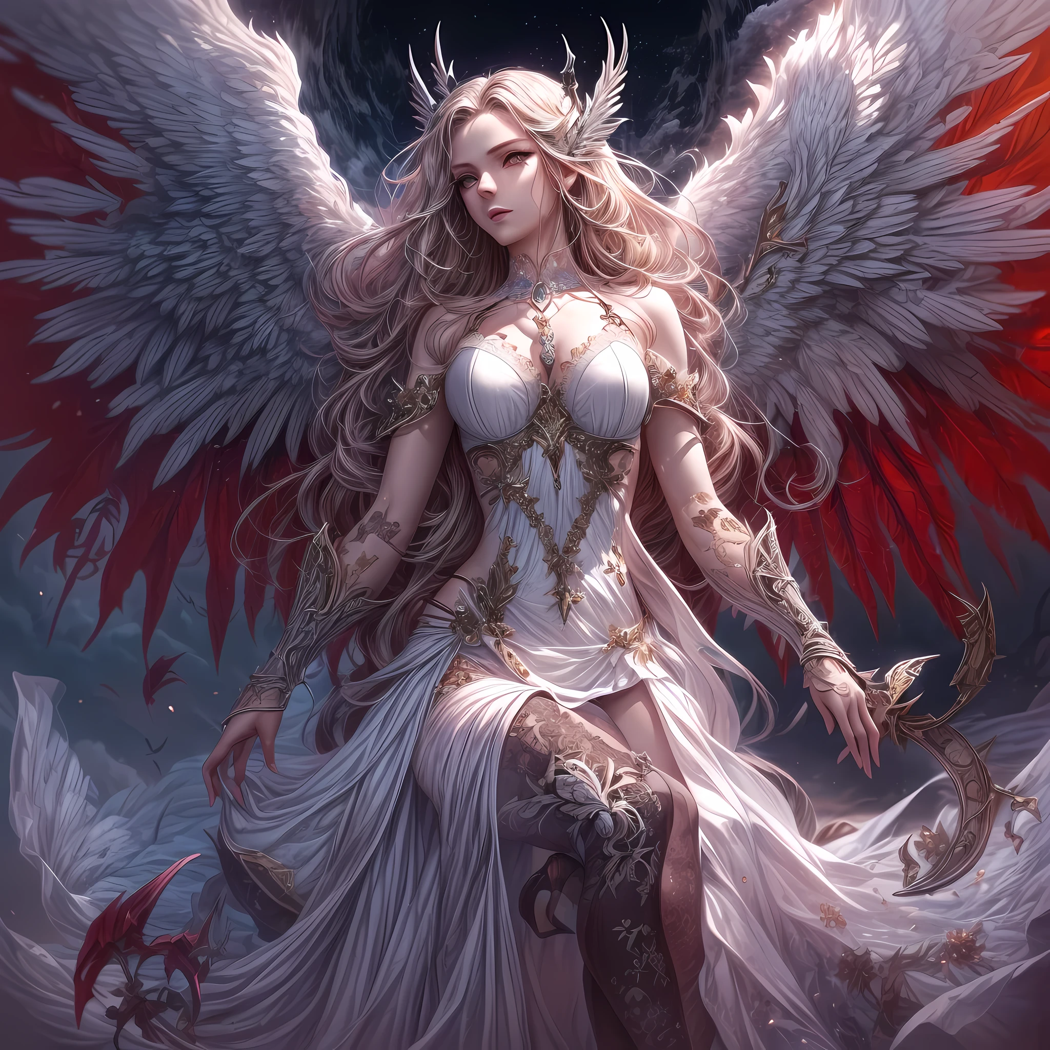 fantasy art, RPG art [[a picture of 2 women]], , a female angel (Masterpiece, intricate details), wearing dress, pale skin, best details beautiful face (Masterpiece, intricate details), blond hair, long hair wavy hair (Masterpiece,  intricate details), blue eyes, high heeled boots, wearing a dresasterpiece, intricate details), large angelic wings, white angelic wings spread [AND] a female demon (Masterpiece, 1.3, intricate details), demon, red skin (Masterpiece,  intricate details), demonic wings, black demonic wings spread, demonic hornasterpiece), red skin (Masterpiece), black hair, red eyes, best details beautiful face (Masterpiece, intricate details), wearing a dressier piece: 1.3, intricate details), high heels, in the border between heaven and hell, moon, stars, clouds, god rays, soft natural light silhouette, dynamic angle, photorealism, panoramic view (Masterpiece 1.3, intense details) , Wide-Angle, Ultra Wide