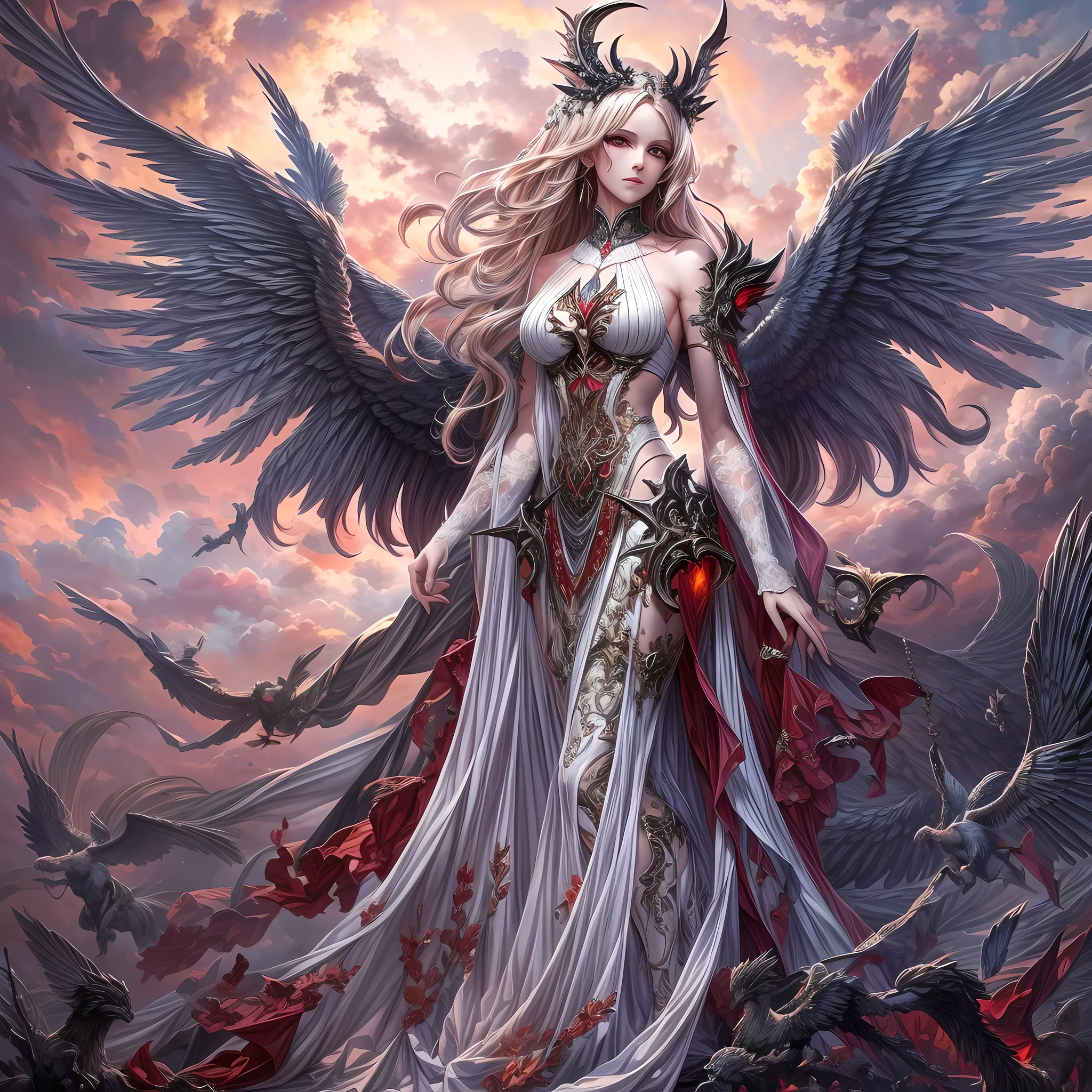 fantasy art, RPG art [[a picture of 2 women]], , a female angel (Masterpiece, intricate details), wearing dress, pale skin, best details beautiful face (Masterpiece, intricate details), blond hair, long hair wavy hair (Masterpiece,  intricate details), blue eyes, high heeled boots, wearing a dresasterpiece, intricate details), large angelic wings, white angelic wings spread [AND] a female demon (Masterpiece, 1.3, intricate details), demon, red skin (Masterpiece,  intricate details), demonic wings, black demonic wings spread, demonic hornasterpiece), red skin (Masterpiece), black hair, red eyes, best details beautiful face (Masterpiece, intricate details), wearing a dressier piece: 1.3, intricate details), high heels, in the border between heaven and hell, moon, stars, clouds, god rays, soft natural light silhouette, dynamic angle, photorealism, panoramic view (Masterpiece 1.3, intense details) , Wide-Angle, Ultra Wide