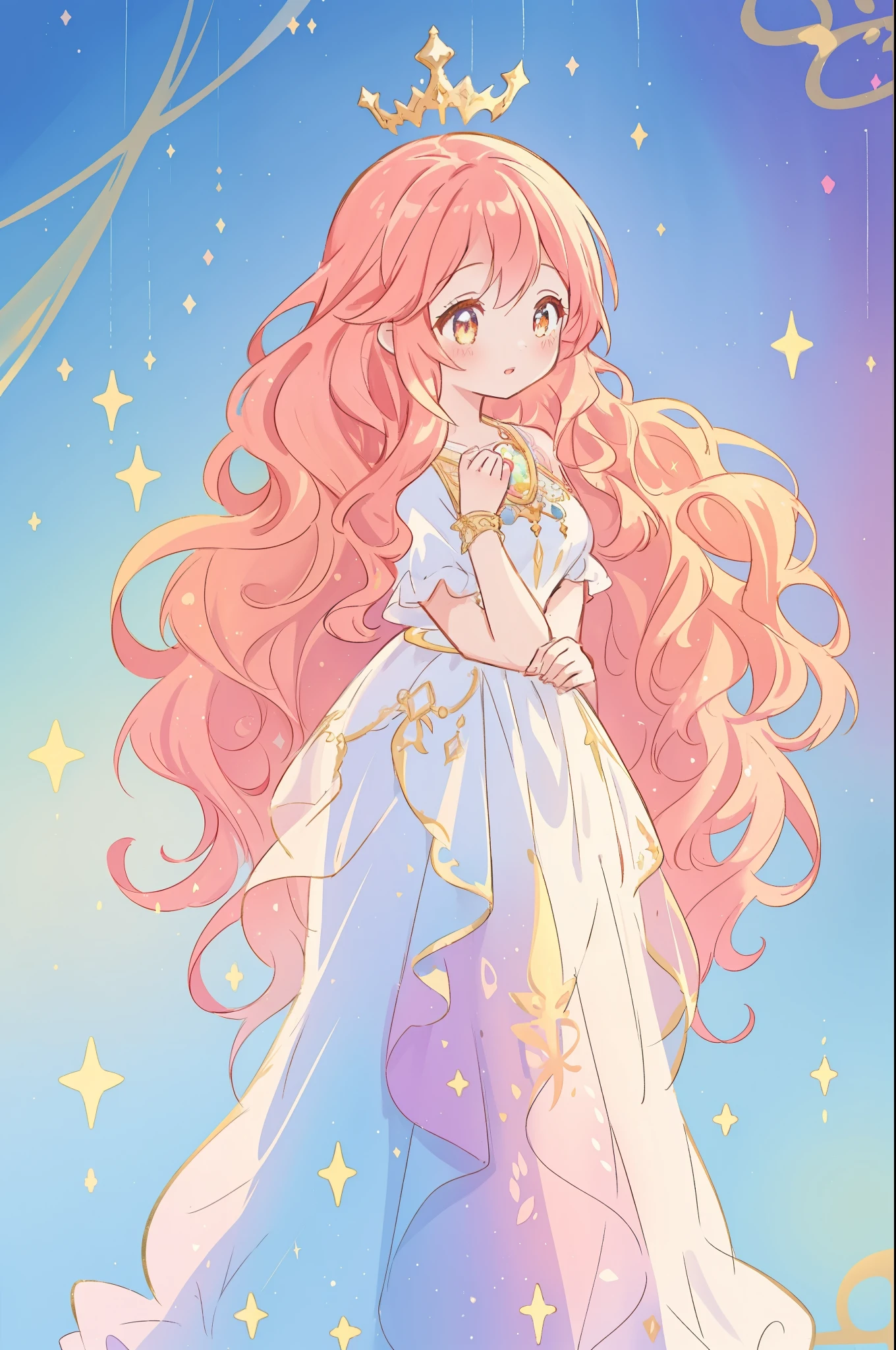 beautiful girl in white flowing translucent ballgown, vibrant pastel colors, (colorful), magical lights, red and gold long wavy curly hair, disney art style, fantasia background, whimsical, magical, fantasy, ((masterpiece, best quality)), intricate details, highly detailed, sharp focus, 8k resolution, sparkling detailed eyes, liquid watercolor