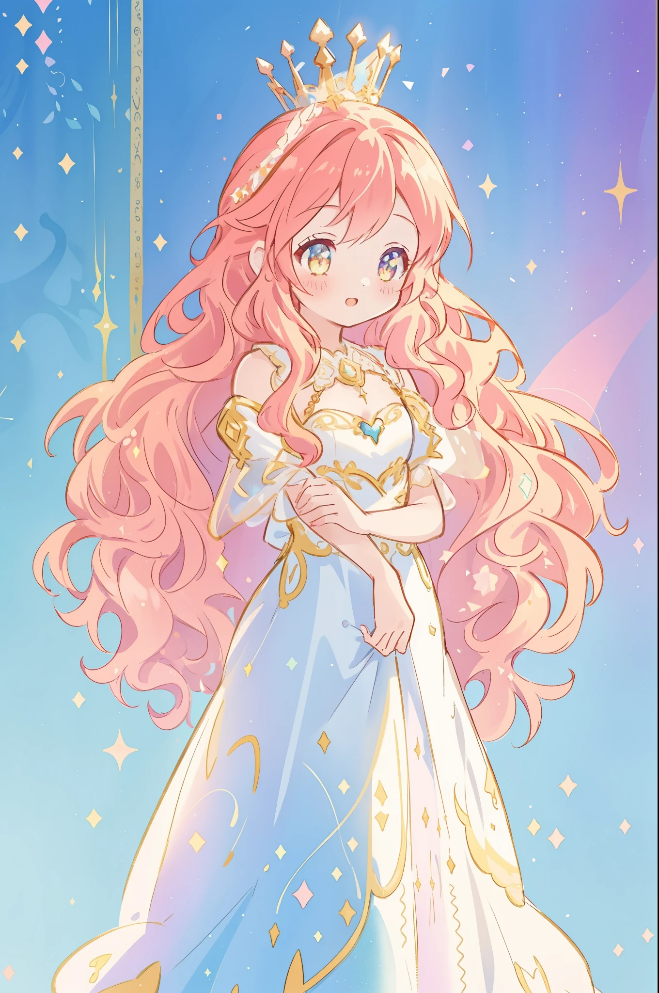 beautiful girl in white flowing translucent ballgown, vibrant pastel colors, (colorful), magical lights, red and gold long wavy curly hair, disney art style, fantasia background, whimsical, magical, fantasy, ((masterpiece, best quality)), intricate details, highly detailed, sharp focus, 8k resolution, sparkling detailed eyes, liquid watercolor