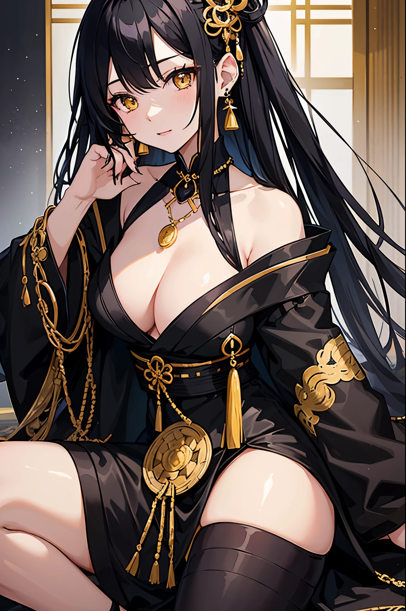 A Japanese woman, black hair, yellow eyes, silky black mini dress, earrings and necklace, big chest, wealthy, at luxurious house