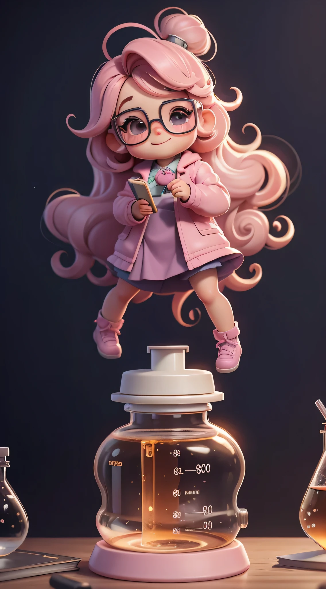 Cute Baby Chibi Anime,Sente-se em uma grande flor rosa cosmos,cabelo roxo claro, Cute Baby Chibi Anime,Sente-se em uma grande flor rosa cosmos,cabelo roxo claro,Create a series of best quality cute chibi dolls,ultra-detalhado,Realista,Science Laboratory,Chemical experiment,Ultra HD, chemical equipment,cientistas trabalhando,copos,bico de Bunsen 8K,microscope,laboratory glassware,measuring cylinders,jalecos,ROUND NERD glasses ,science books,Periodic table,scientific research,descobertas,new inventions,innovation,aprendizado,education,Scientific culture wears coat with details of pink buttons and brooches, rosa, her coat is charming and cute with ultra chemical details ,Curiosidade,Technological advancements,cores vibrantes,soft lighting,modern laboratory,atmosfera nerd,laboratory instruments,hypothesis testing,Scientific method,symbolic representation,Critical thinking,experimentos ,precision,precision,detalhes intrincados,impressive scientific setup,elementos naturais,exploration of the mysteries of science,desvendando os segredos da natureza. Baby chibi is happy and excited, remember to use chemical laboratory glassware, Chalk board behind the cute chibi baby is written the structure of caffeine with 3D white chalk