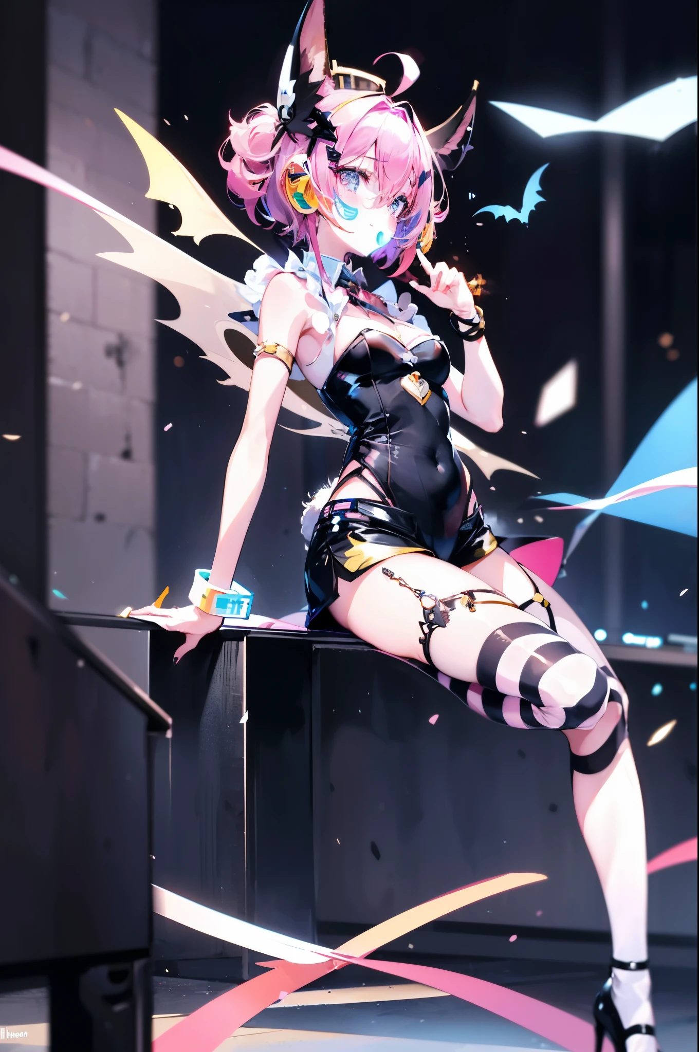 1girl, ultra hd, 4k, ahoge, blush, eyes_visible_through_hair, rabbit_ears, bat_wings, bracelet, bandeau, short_shorts, striped_legwear, high_heels