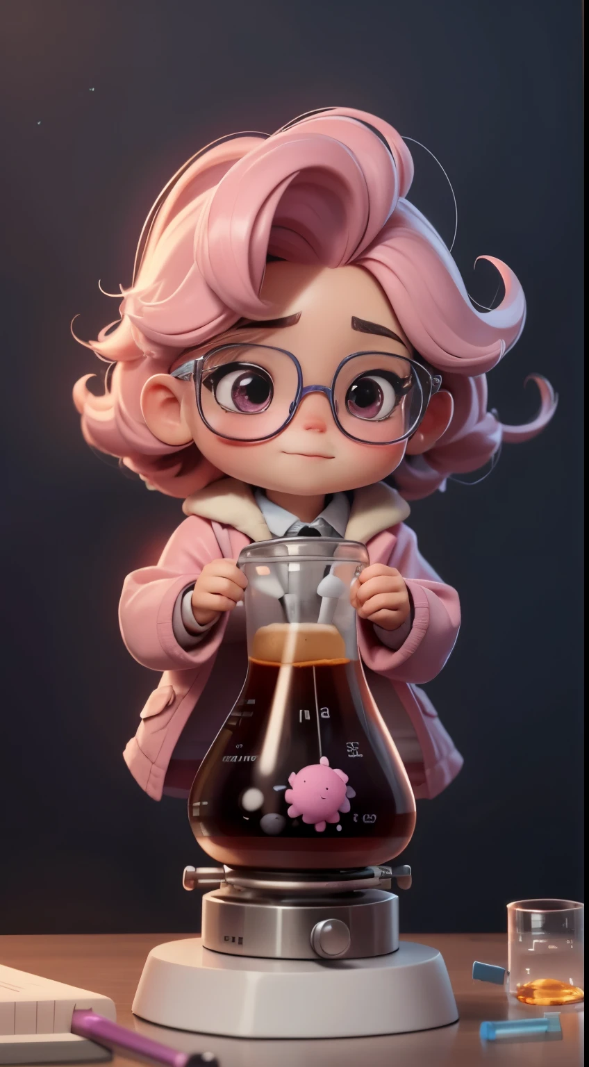 Cute baby chibi anime,Sente-se em uma grande flor rosa cosmos,cabelo roxo claro, Cute baby chibi anime,Sente-se em uma grande flor rosa cosmos,cabelo roxo claro,Create a series of best quality cute baby chibi dolls,ultra-detalhado,Realista,Science Laboratory,Chemical experiment,Ultra HD, chemical equipment,cientistas trabalhando,copos,bico de Bunsen 8K,microscope,laboratory glassware,measuring cylinders,jalecos,ROUND NERD glasses ,science books,Periodic table,scientific research,descobertas,new inventions,innovation,aprendizado,education,Scientific culture wears coat with details of pink buttons and brooches, Rosa, her coat is charming and cute with ultra chemical details ,Curiosidade,Technological advancements,cores vibrantes,soft lighting,modern laboratory,atmosfera nerd,laboratory instruments,hypothesis testing,Scientific method,symbolic representation,Critical thinking,experimentos ,precision,precision,detalhes intrincados,impressive scientific setup,elementos naturais,exploration of the mysteries of science,desvendando os segredos da natureza. Baby chibi is happy and excited, remember to use chemical laboratory glassware, Chalk board behind cute chibi baby is written the structure of Caffeine with 3D white chalk