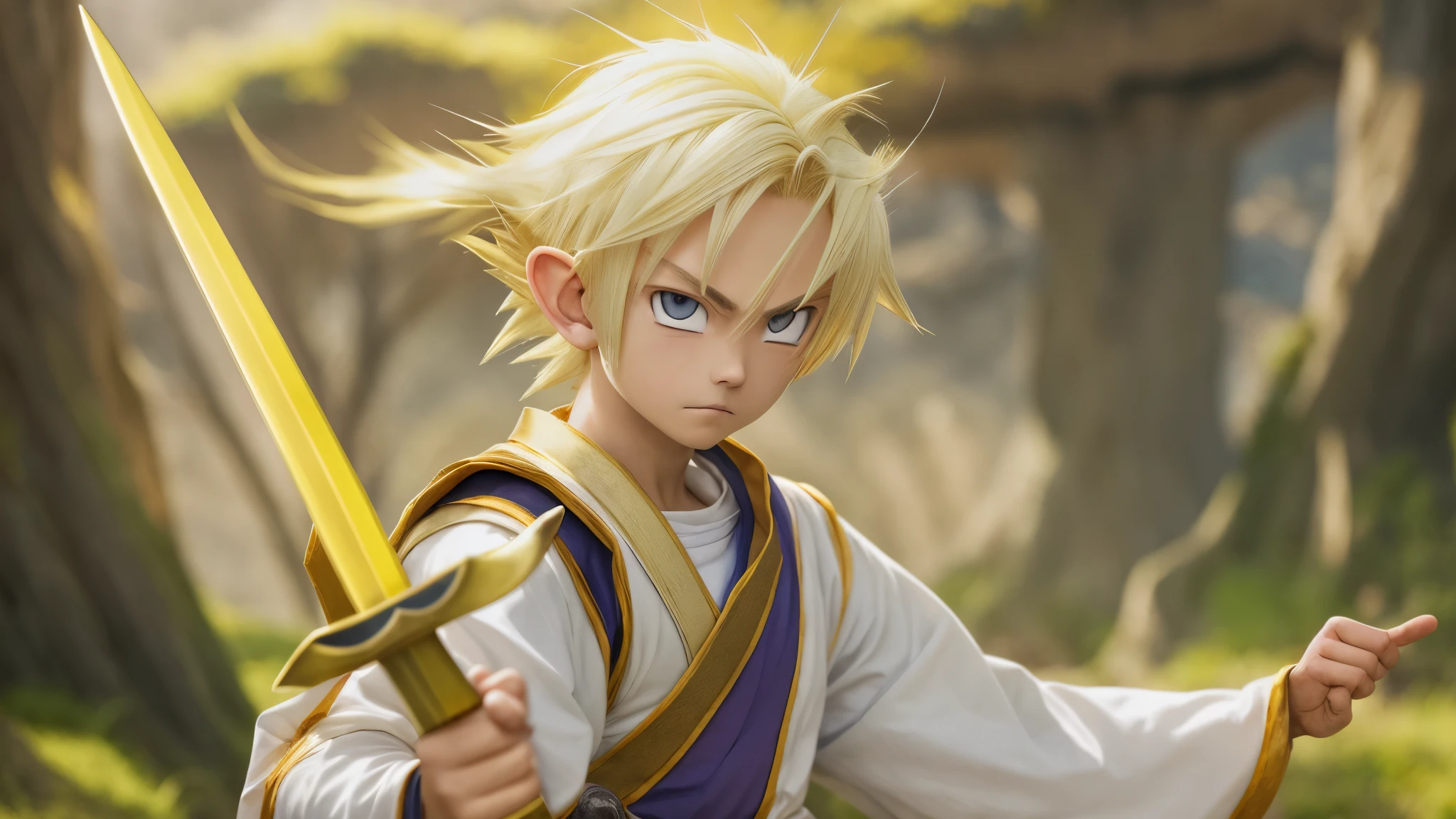 (master piece), 8k, best quality, panoramic view, training martial arts on an island, fighting stance, holding a wooden sword elf boy, childish manner, male, teenager, , white skin, thin body, pointed elf ears, beautiful finely detailed silver eyes, high forehead, spiky yellow blonde hair like Gohan from the anime dragon ball (super sayajin), round face, highly detailed, incredibly handsome, conservative elven clothing, conservative posture,