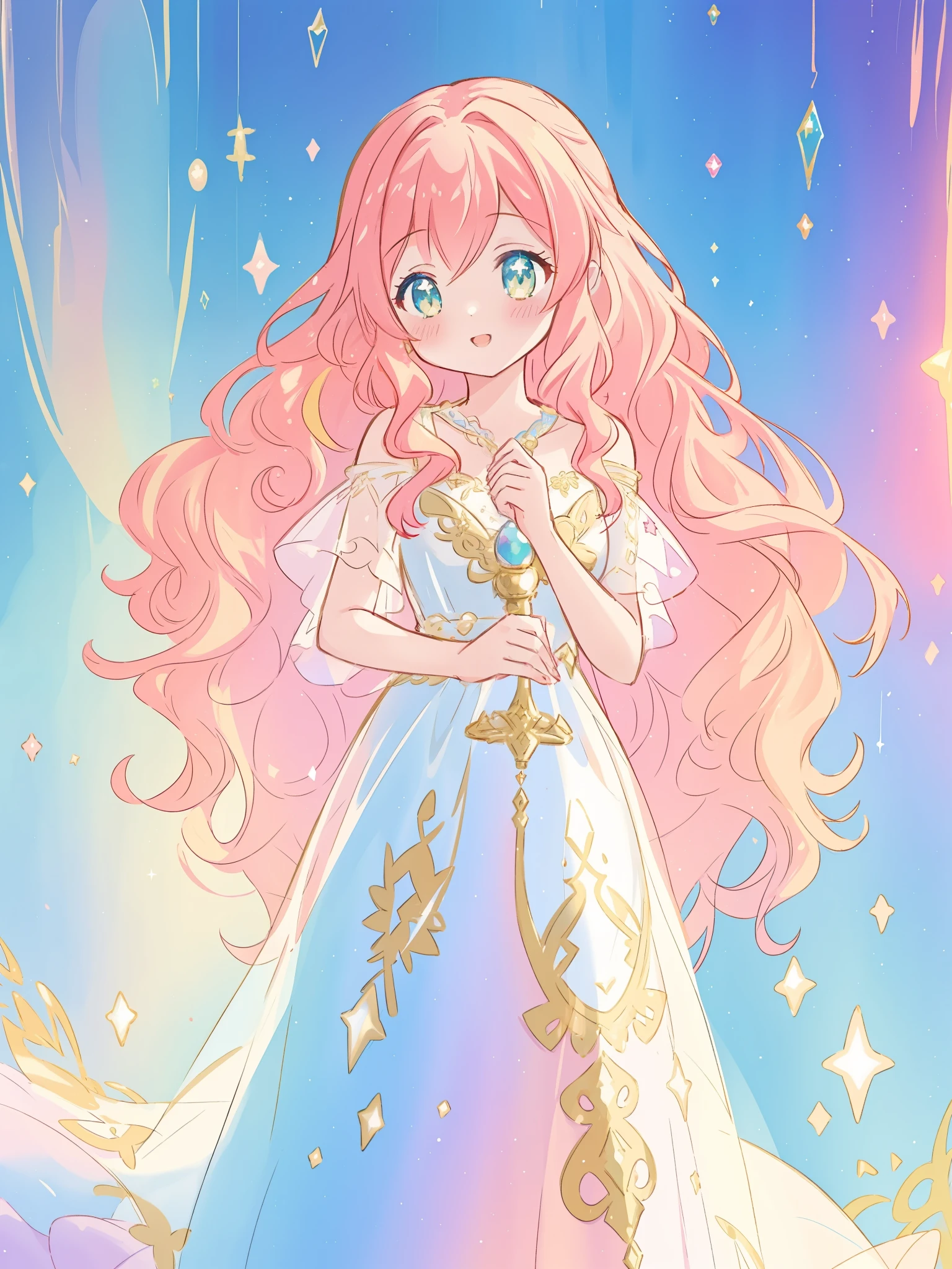 beautiful girl in white flowing (sheer translucent) ballgown, vibrant pastel colors, (colorful), magical lights, red and gold long wavy curly hair, disney art style, fantasia background, whimsical, magical, fantasy, ((masterpiece, best quality)), intricate details, highly detailed, sharp focus, 8k resolution, sparkling detailed eyes, liquid watercolor