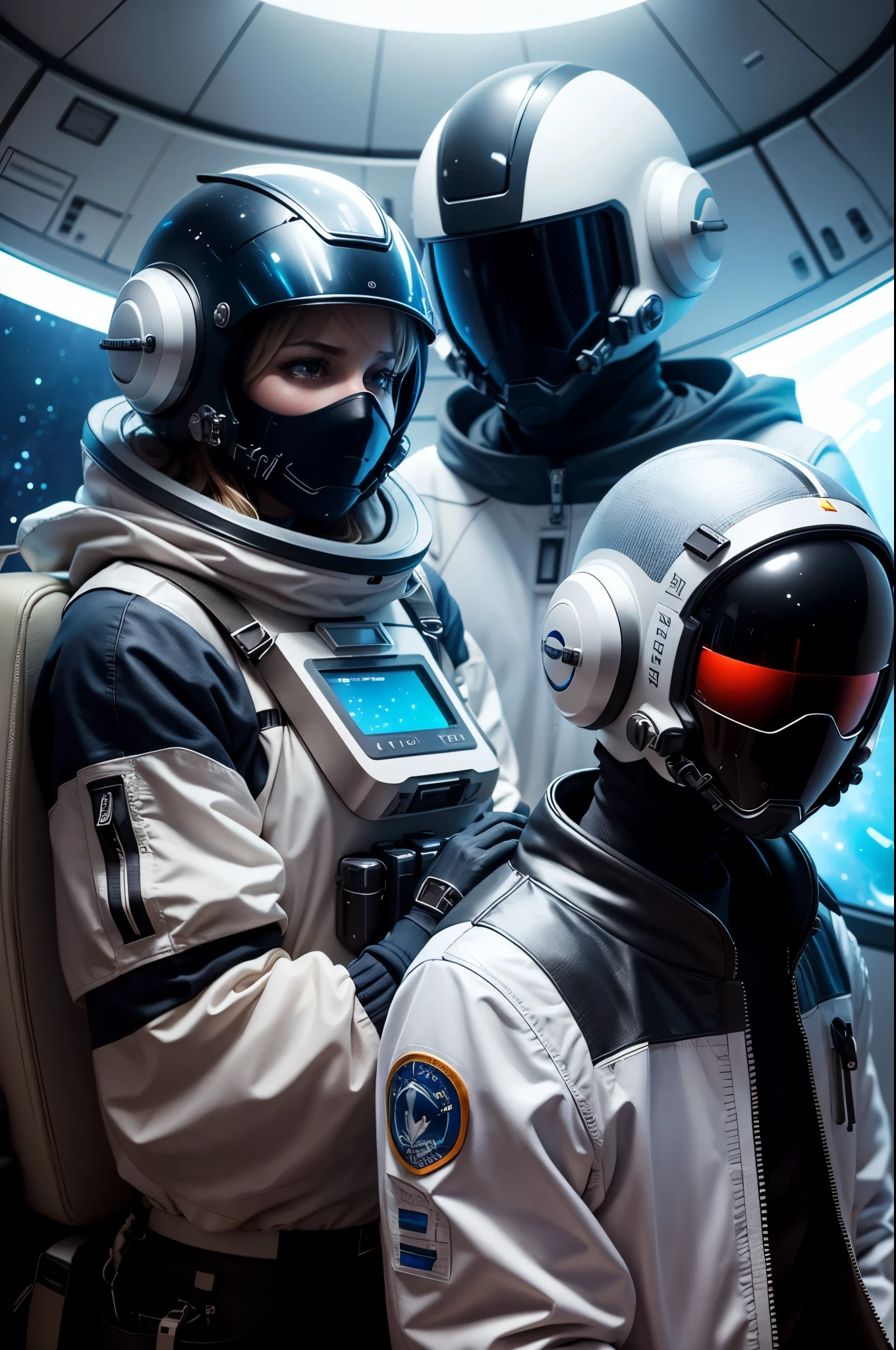 A realistic photograph from behind of a couple inside a spaceship, gazing into the cosmos. The man wears a modern and sleek astronaut suit with his face covered by his helmet, ensuring anonymity. The astronaut has a sleek, futuristic and modern helmet. they lookout into the cosmos filled with nebulae. The spaceship interior is subtly lit by the cosmos ahead. Attention to realistic textures in this intimate human moment