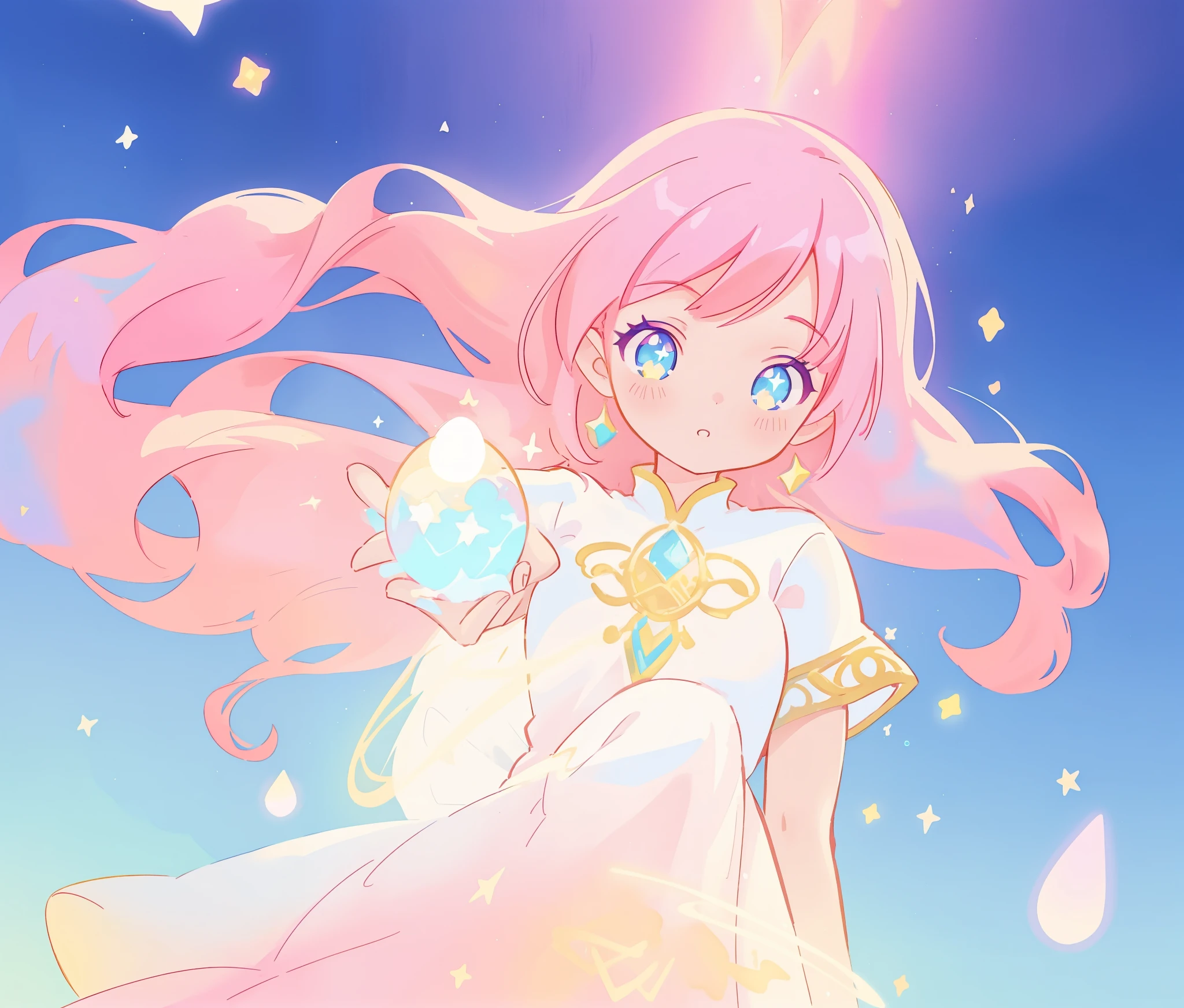 beautiful girl in white arabian two-piece dress, arabian princess, long colorful sparkling pink hair, watercolor illustration, Lois van Baarle, glowing aura around her, Glen Keane, jen bartel, glowing hair, beautiful digital illustration, fantasia background, beautiful, masterpiece, best quality, anime disney style, (detailed eyes), golden ratio, perfect composition