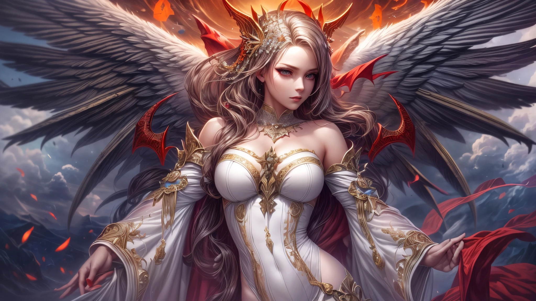 ((highest quality)),(Ultra-high resolution),(Very detailed),(Detailed Description),((The best CG)),(A masterpiece),Ultra-precise art,Amazing drawing art,(Fantasy art with intricate detail:1.5), (The angel and devil lurking inside one adult woman:1.7),(Female devil and female angel:1.5),Justice and evil:1.6,Red and Blue:1.5,yin and yang:1.5