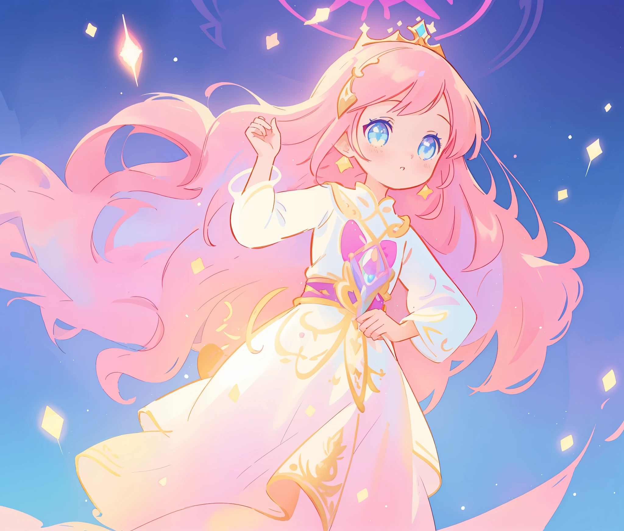 beautiful girl in white arabian two-piece dress, arabian princess, long colorful sparkling pink hair, watercolor illustration, Lois van Baarle, glowing aura around her, Glen Keane, jen bartel, glowing hair, beautiful digital illustration, fantasia background, beautiful, masterpiece, best quality, anime disney style, (detailed eyes), golden ratio, perfect composition