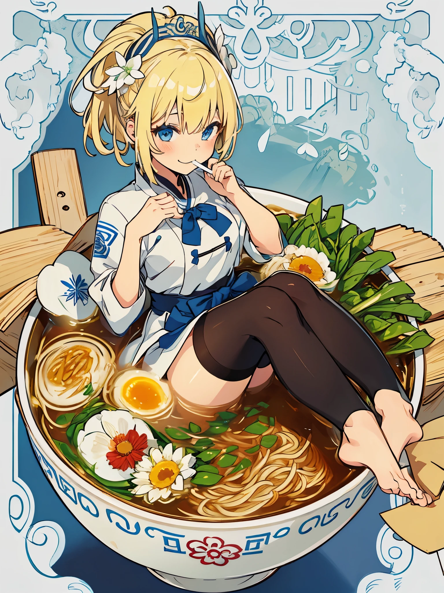 1girl,Allein,Blaue Augen,lange blonde Haare,vorne geflochten,Smile,Full body,Schenkel,medium breasts,traditionelle koreanische Kleidung,minigirl, in Lebensmitteln,in the container,in a ramen bowl,Suppe, Ramen, Nudeln,Ei,Fleisch,Spring onion,teilweise untergetaucht,Sweet,Dampf,koreanischer Hintergrund,keine Schuhe,eating from the bowl with chopsticks