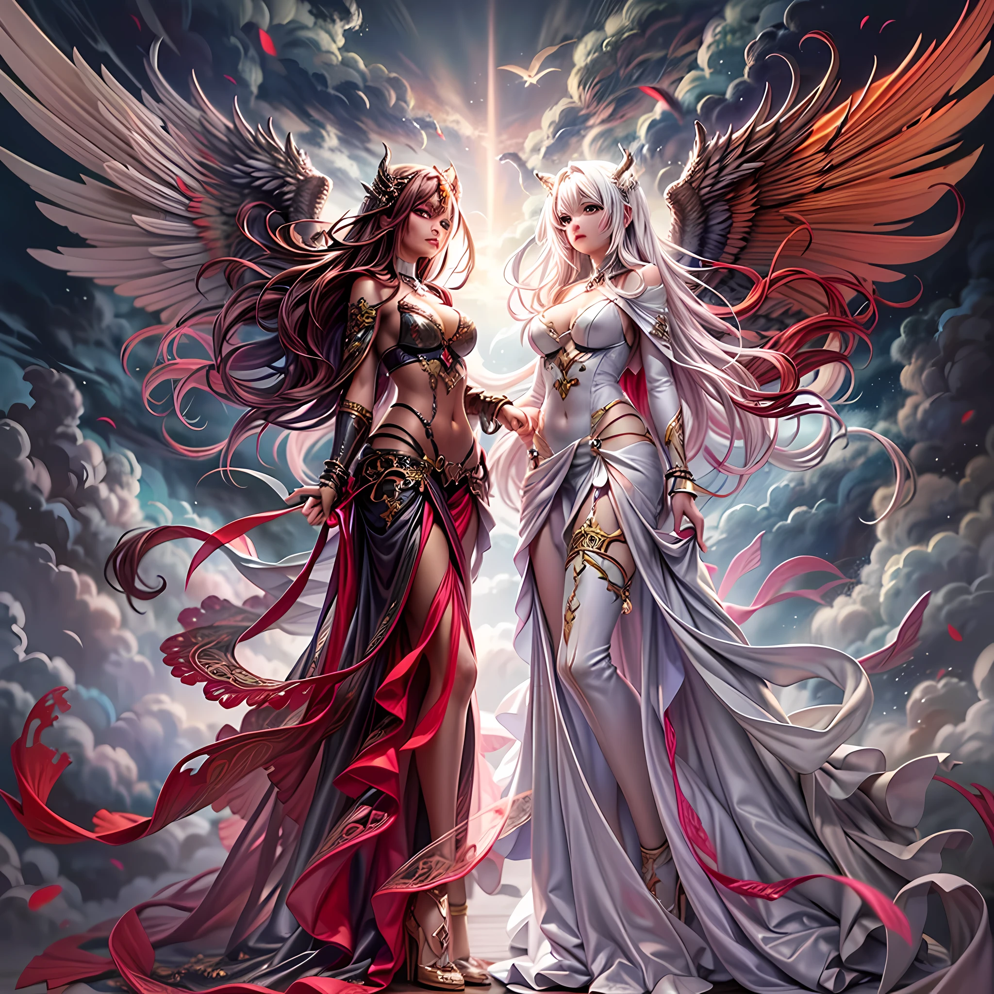 fantasy art, RPG art [[a picture of 2 women]], , a female angel (Masterpiece, intricate details), wearing dress, pale skin, best details beautiful face (Masterpiece, intricate details), blond hair, long hair wavy hair (Masterpiece,  intricate details), blue eyes, high heeled boots, wearing a dresasterpiece, intricate details), large angelic wings, white angelic wings spread [AND] a female demon (Masterpiece, 1.3, intricate details), demon, red skin (Masterpiece,  intricate details), demonic wings, black demonic wings spread, demonic hornasterpiece), red skin (Masterpiece), black hair, red eyes, best details beautiful face (Masterpiece, intricate details), wearing a dressier piece: 1.3, intricate details), high heels, in the border between heaven and hell, moon, stars, clouds, god rays, soft natural light silhouette, dynamic angle, photorealism, panoramic view (Masterpiece 1.3, intense details) , Wide-Angle, Ultra Wide