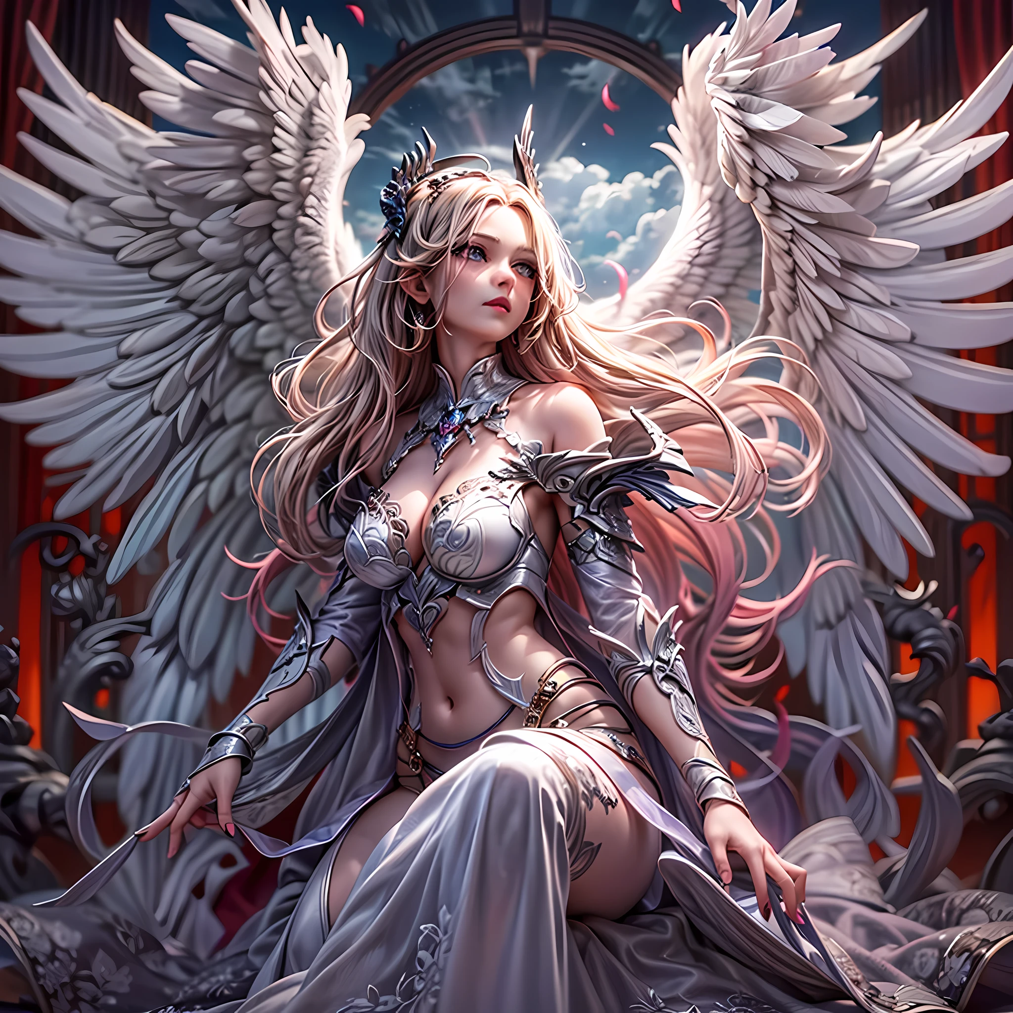 fantasy art, RPG art [[a picture of 2 women]], , a female angel (Masterpiece, intricate details), wearing dress, pale skin, best details beautiful face (Masterpiece, intricate details), blond hair, long hair wavy hair (Masterpiece,  intricate details), blue eyes, high heeled boots, wearing a dresasterpiece, intricate details), large angelic wings, white angelic wings spread [AND] a female demon (Masterpiece, 1.3, intricate details), demon, red skin (Masterpiece,  intricate details), demonic wings, black demonic wings spread, demonic hornasterpiece), red skin (Masterpiece), black hair, red eyes, best details beautiful face (Masterpiece, intricate details), wearing a dressier piece: 1.3, intricate details), high heels, in the border between heaven and hell, moon, stars, clouds, god rays, soft natural light silhouette, dynamic angle, photorealism, panoramic view (Masterpiece 1.3, intense details) , Wide-Angle, Ultra Wide