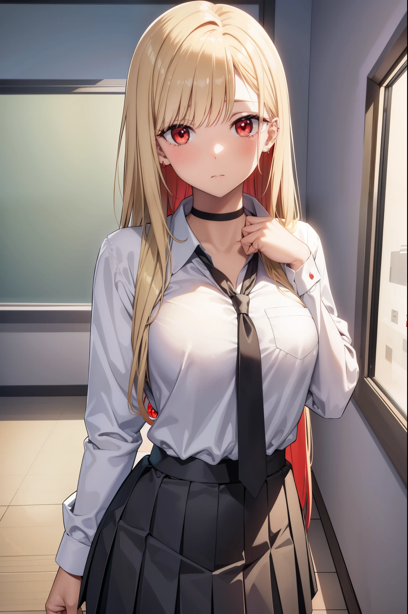 marinkitagawa, marin kitagawa, blonde hair, choker, ear piercing, earrings, long hair, piercing, (red eyes:1.5), straight hair, swept bangs,
BREAK black necktie, long sleeves, pleated skirt, school uniform, shirt, skirt, sleeves rolled up, white shirt, cleavage,
BREAK indoors, classroom,
BREAK looking at viewer, 
BREAK (masterpiece:1.2), best quality, high resolution, unity 8k wallpaper, (illustration:0.8), (beautiful detailed eyes:1.6), extremely detailed face, perfect lighting, extremely detailed CG, (perfect hands, perfect anatomy),