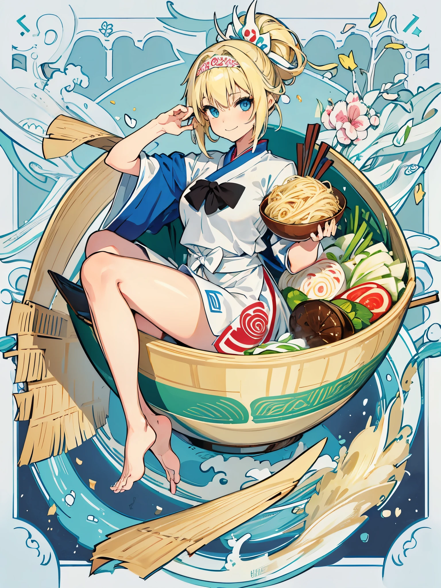 1girl,Allein,Blaue Augen,lange blonde Haare,vorne geflochten,Smile,Full body,Schenkel,medium breasts,traditionelle koreanische Kleidung,minigirl, in Lebensmitteln,in the container,in a ramen bowl,Suppe, Ramen, Nudeln,Ei,Fleisch,Spring onion,teilweise untergetaucht,Sweet,Dampf,koreanischer Hintergrund,keine Schuhe,eating from the bowl with chopsticks