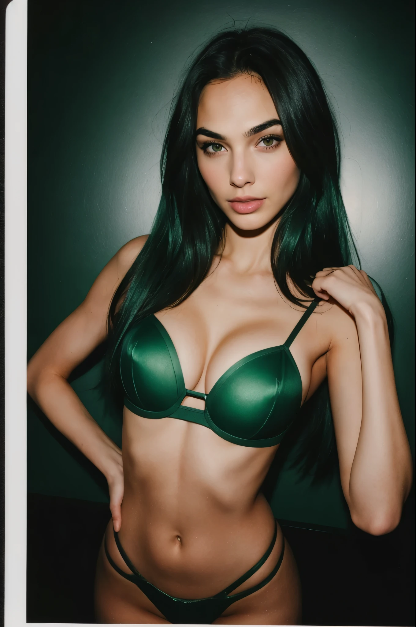 arafed instagram supermodel, european features, mid-length green hair, pale skin, perfect face, looking hot, Victoria secret model body, gal gadot, madison beer, harsh polaroid flash, vintage quality, in the night, dark background, perky