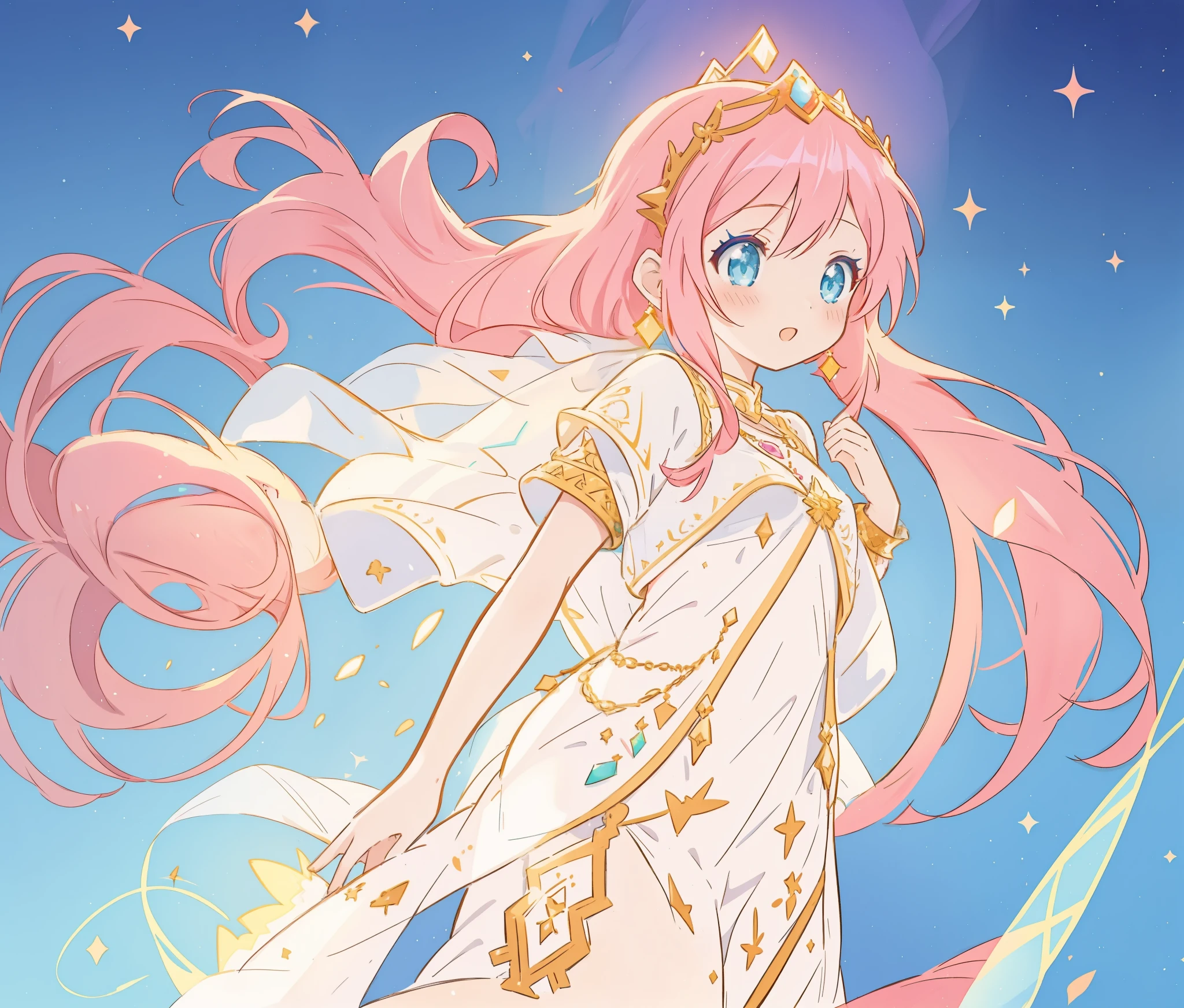 beautiful girl in white arabian two-piece dress, (arabian princess), (arabian dancer), (fantasy arabian dress), long colorful sparkling pink hair, watercolor illustration, Lois van Baarle, glowing aura around her, Glen Keane, jen bartel, glowing hair, beautiful digital illustration, fantasia background, beautiful, masterpiece, best quality, anime disney style, (detailed eyes), golden ratio, perfect composition