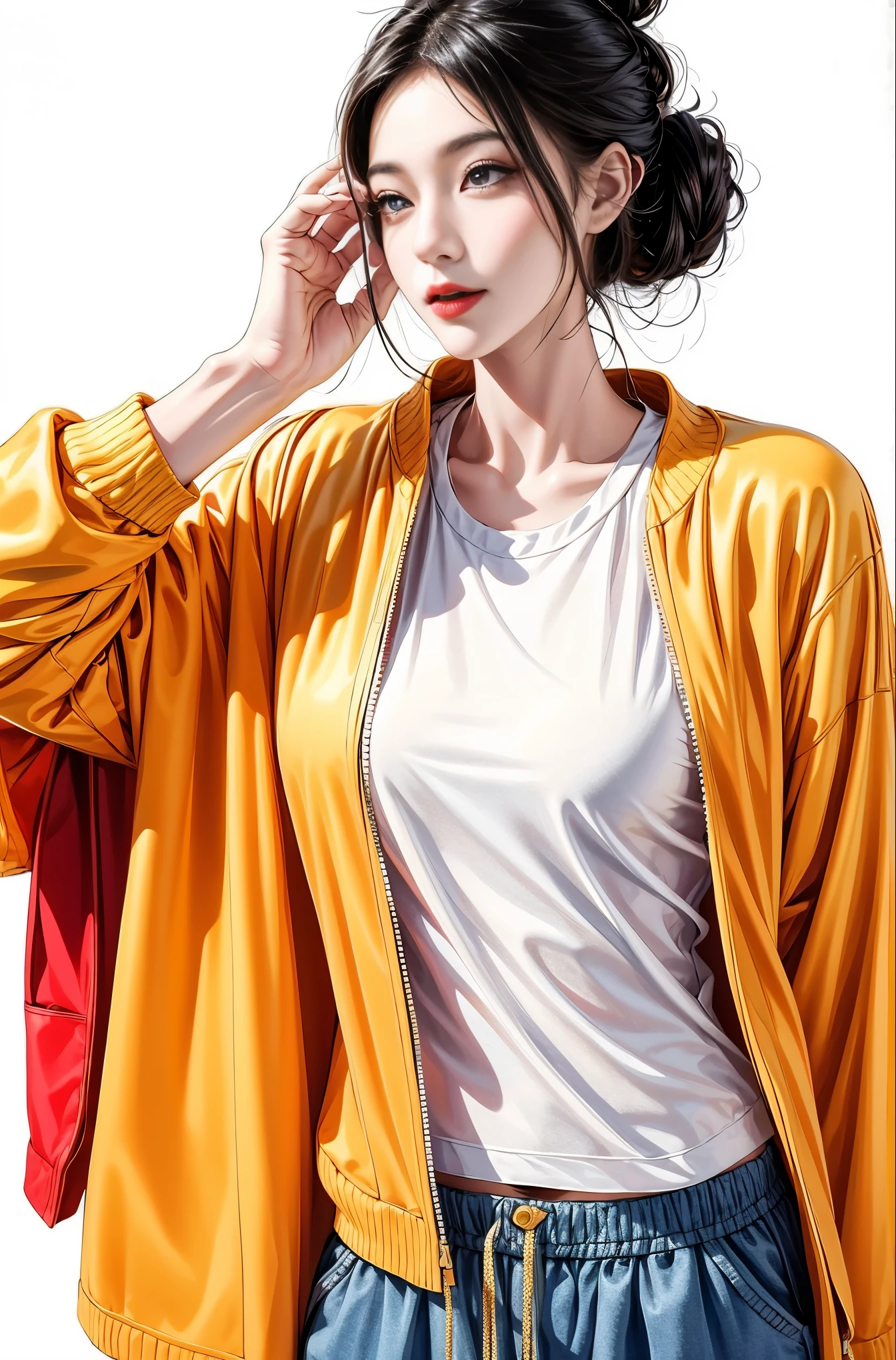 masterpiece, best quality, ((pure white background)), standing, black hair bun,cold face, full body, jacket, T-shirt, pants, (Fashionable clothing), happy, light effect, soft, super clear, high-definition picture, (front)