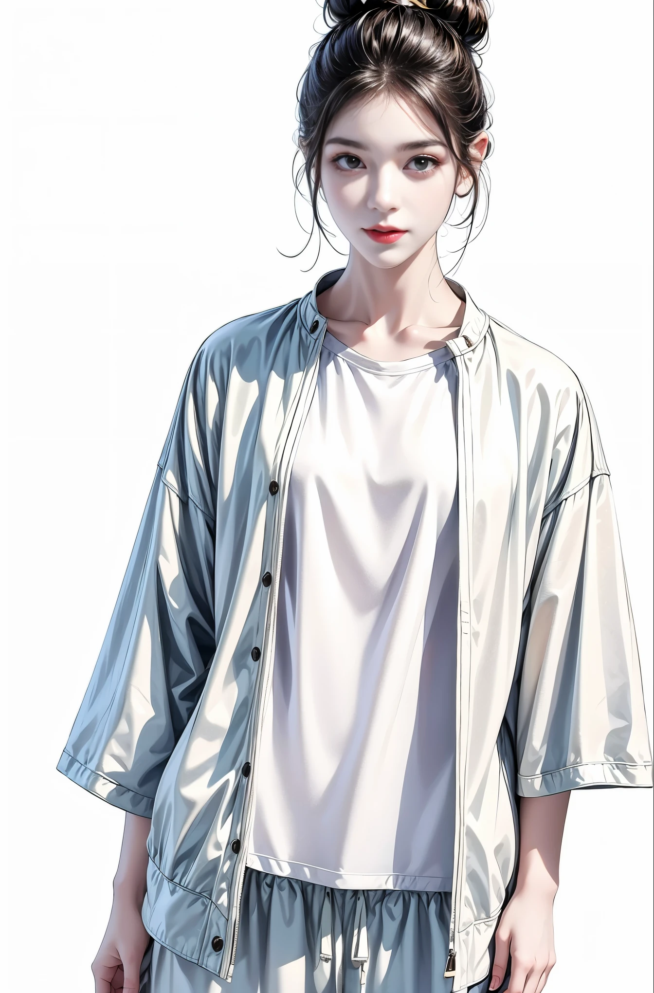 masterpiece, best quality, ((pure white background)), standing, black hair bun,cold face, full body, jacket, T-shirt, pants, (Fashionable clothing), happy, light effect, soft, super clear, high-definition picture, (front)