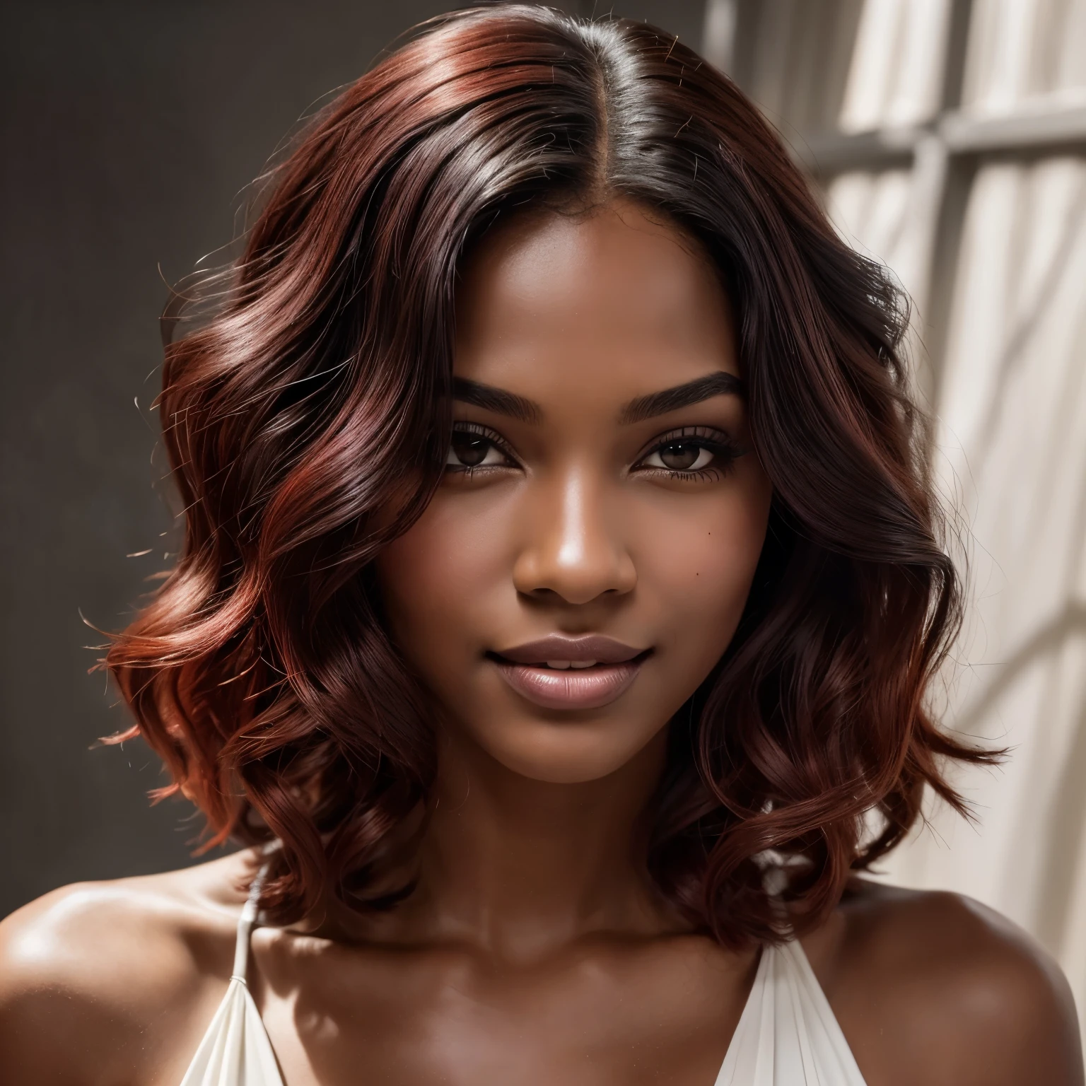 red wavy hair with middle part, Brazilian hair bob cut lace frontal 2b, in the style of haunting elegance, chiaroscuro mastery, playful yet dark, iconic, high gloss, nature-inspired, bold shadows, black woman, smiling expression, clear background, red and white