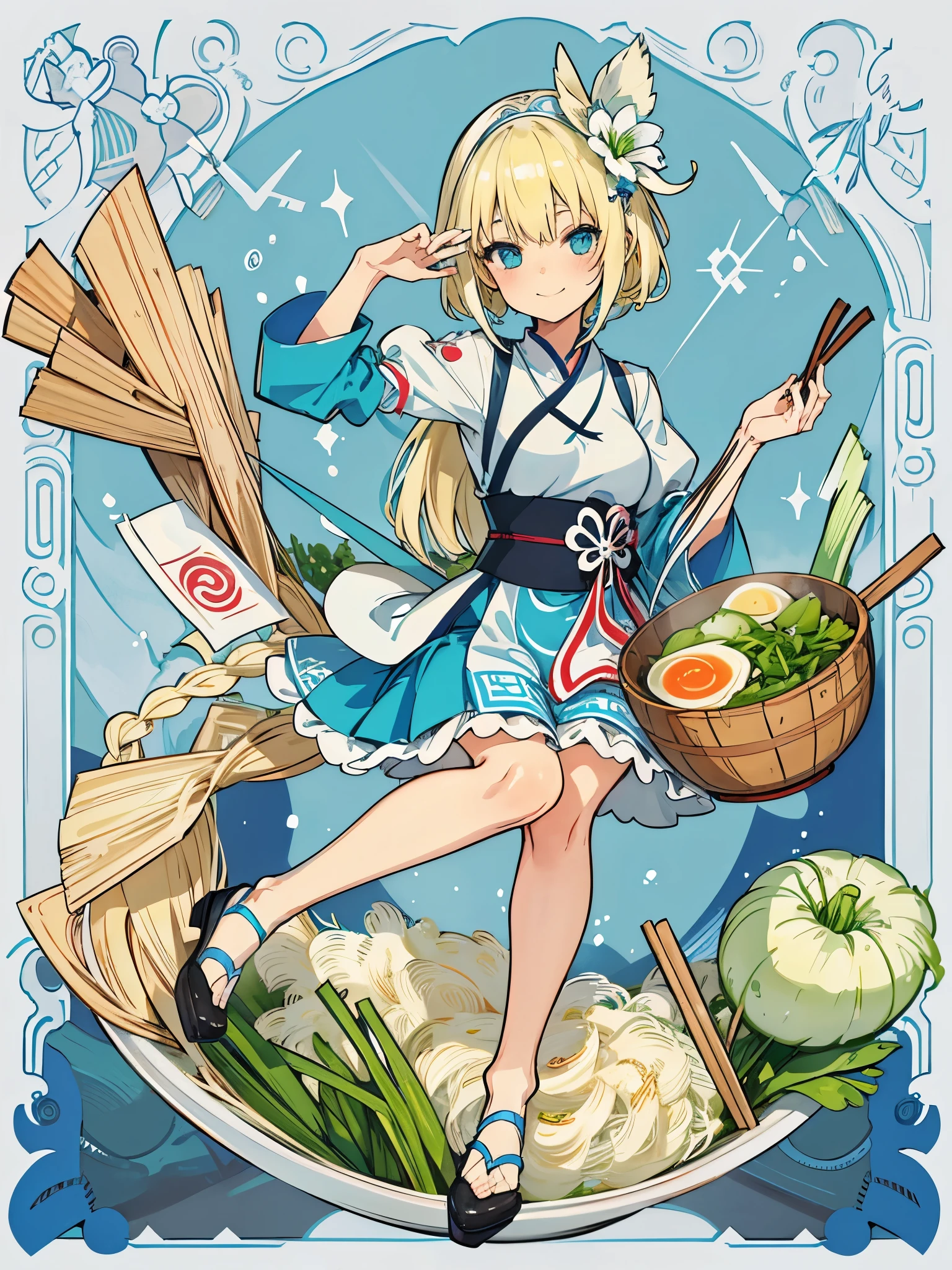 1girl,Allein,Blaue Augen,lange blonde Haare,vorne geflochten,Smile,Full body,Schenkel,medium breasts,traditionelle koreanische Kleidung,minigirl, in Lebensmitteln,in the container,in a ramen bowl,Suppe, Ramen, Nudeln,Ei,Fleisch,Spring onion,teilweise untergetaucht,Sweet,Dampf,koreanischer Hintergrund,keine Schuhe,eating from the bowl with chopsticks