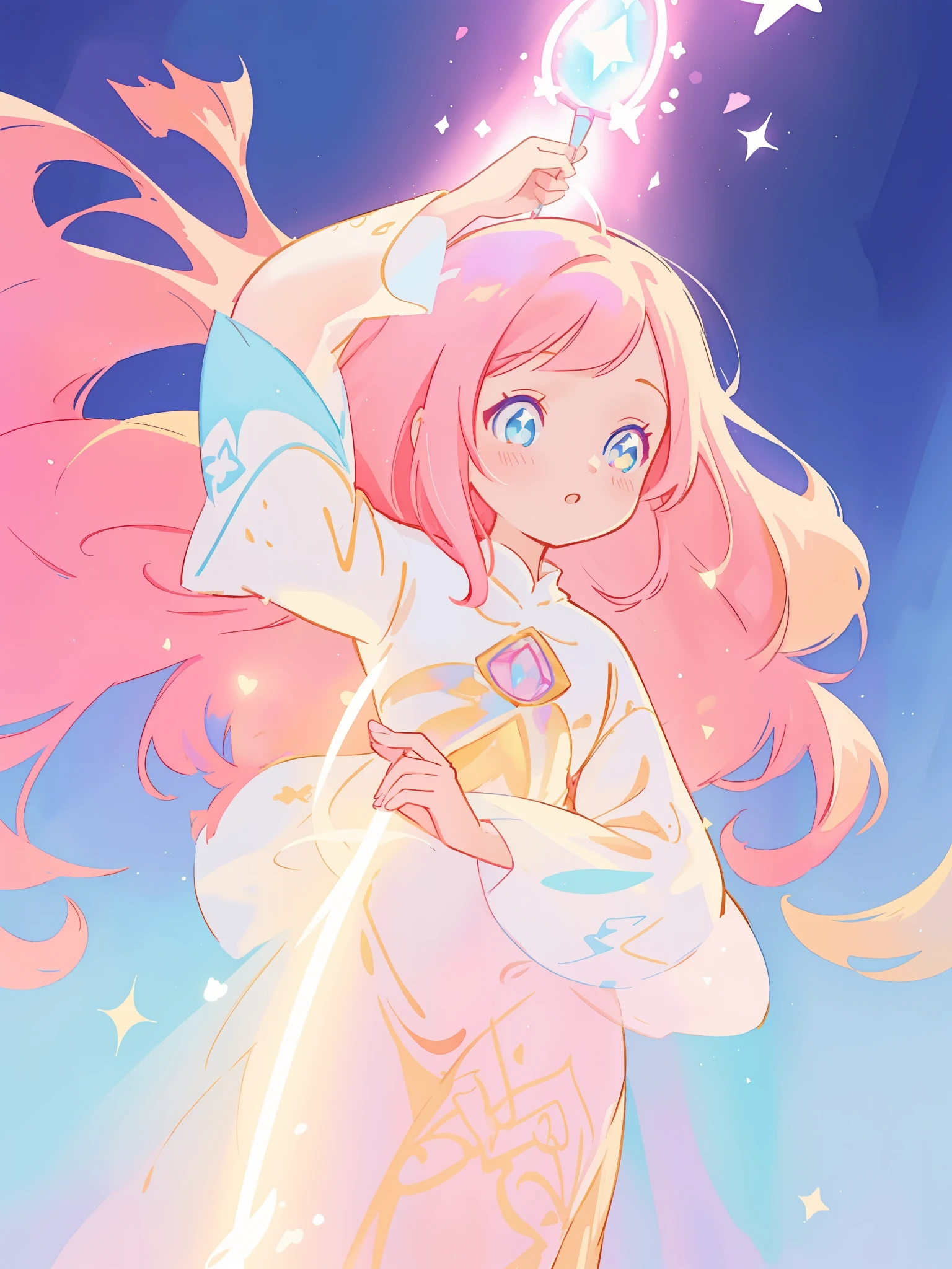 beautiful girl in white arabian two-piece dress, arabian princess, long colorful sparkling pink hair, watercolor illustration, Lois van Baarle, glowing aura around her, Glen Keane, jen bartel, glowing hair, beautiful digital illustration, fantasia background, beautiful, masterpiece, best quality, anime disney style, (detailed eyes), golden ratio, perfect composition