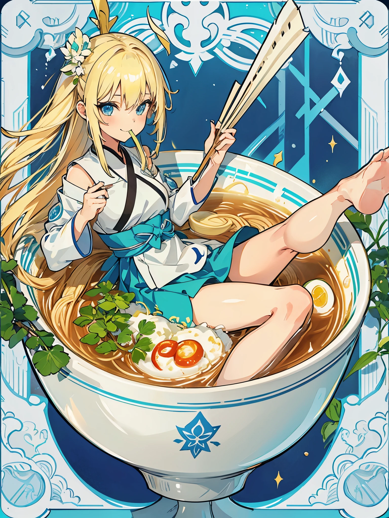 1girl,Allein,Blaue Augen,blonde Haare,lange Haare,Haare vorne geflochten,Smile,Full body,Schenkel,medium breasts,traditionelle koreanische Kleidung,minigirl, in Lebensmitteln,in the container,in a ramen bowl,Suppe, Ramen, Nudeln,Ei,Fleisch,Spring onion,teilweise untergetaucht,Sweet,Dampf,koreanischer Hintergrund,keine Schuhe,eating from the bowl with chopsticks