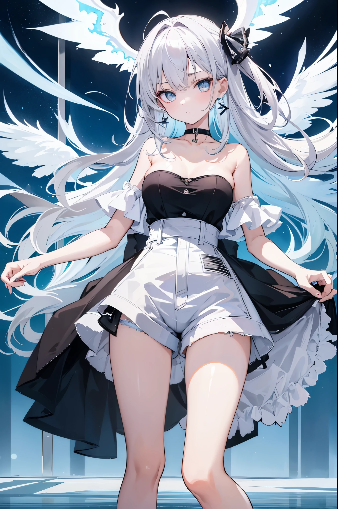 1girl, ultra hd, 4k, asymmetrical_bangs, anger_vein, glowing_eyes, earrings, white_wings, choker, strapless, denim_shorts, striped_legwear, high_heels, bathing, reflection