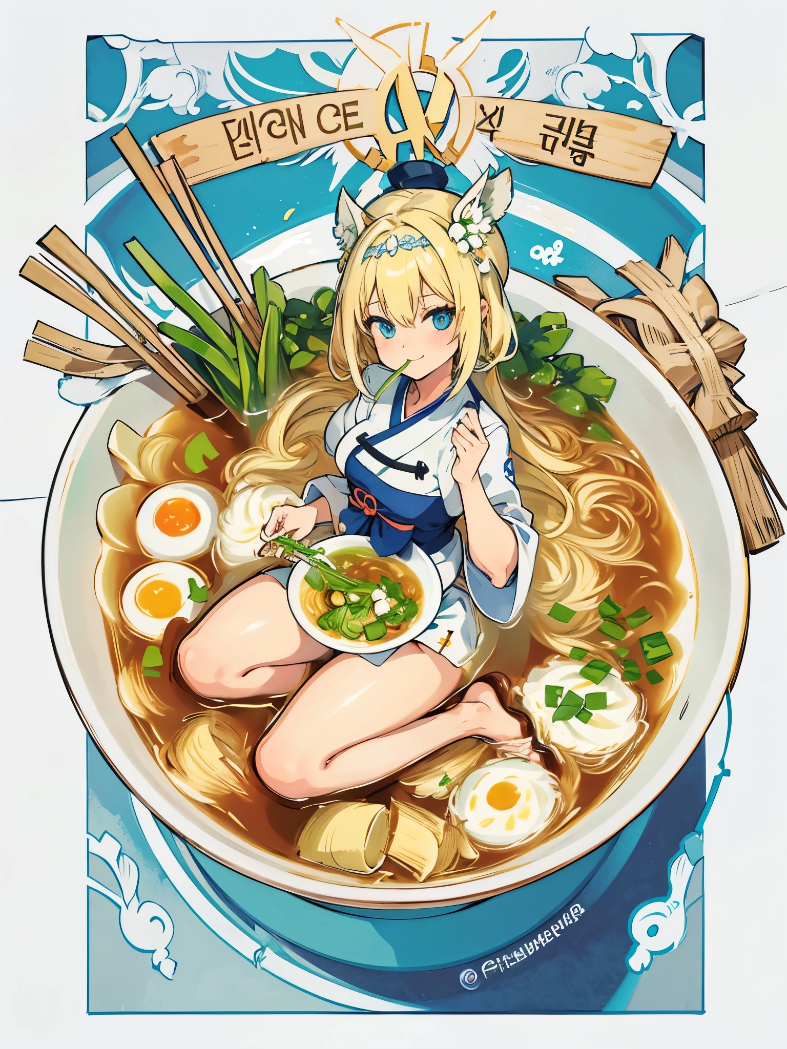 1girl,Allein mit einer Katze,Blaue Augen,blonde Haare,lange Haare,Haare vorne geflochten,Smile,Full body,Schenkel,medium breasts,traditionelle koreanische Kleidung,minigirl,in Lebensmitteln,in the container,in a ramen bowl,Suppe,Ramen,Nudeln,Ei,Fleisch,Spring onion,teilweise untergetaucht,Sweet,Dampf,koreanischer Hintergrund,keine Schuhe,eating from the bowl with chopsticks,pastellfarben