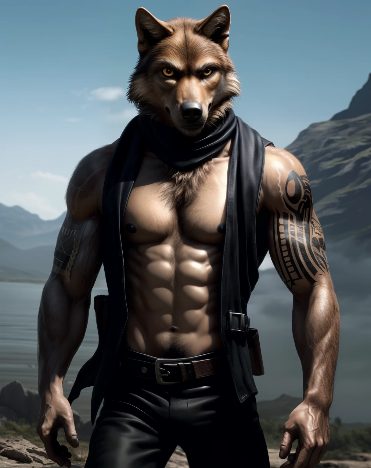 anthro, brown wolf, solo, male, adult, veiny muscles, athletic skinny body, dark black pants, terrorist, bad guy, criminal, pirate, serious look, small eye, furred body, furry chest hair, detailed background, wilderness background, clear weather, realistic, photorealistic, ultra realistic, 8k, bare-chested, black nipples, tight crotch, shirtless, utility belt, glistening skin, tattoo on torso, black scarf, black unbuttoned sleeveless vest