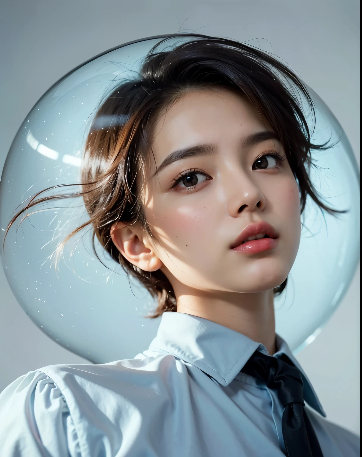 (Best quality, 8k, 32k, Masterpiece, UHD:1.2) "Generate a captivating artwork featuring a young Japanese girl model with short, sleek black hair styled in a chic bob haircut. Envision her bathed in dramatic cinematic lighting, creating an atmosphere of allure and mystery. Emphasize a romantic aesthetic vibe, showcasing the model in a poised and elegant pose that evokes a sense of intimacy and sophistication. Utilize warm and soft tones to enhance the romantic ambiance, and consider incorporating elements like flowing fabrics or flowers to add a touch of ethereal beauty. Capture the essence of romance and beauty through the model's expression, the play of light and shadows, and the overall aesthetic, creating a visually compelling and emotionally resonant piece." (perfect eyes), flawless skin, flawless face, cinematic, tight body, ((well-proportion female hands)), ((female hands with five digits)) ((Body is well proportioned)), ((chic bob haircut)), fishbowl, water, wet