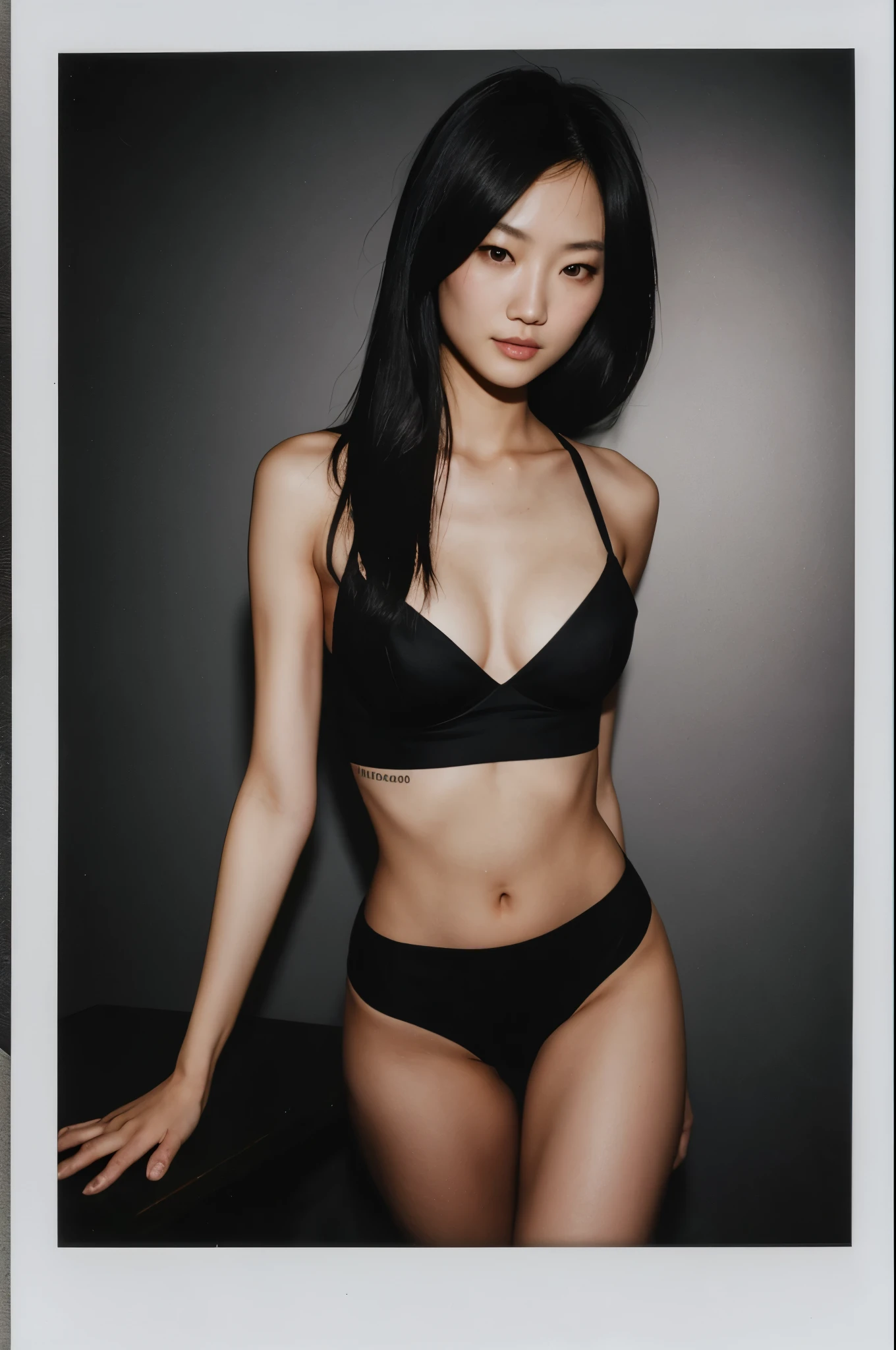 arafed instagram supermodel, asian features, mid-length black hair, pale skin, perfect face, looking hot, Victoria secret model body, hyori lee, harsh polaroid flash, vintage quality, in the night, dark background, perky