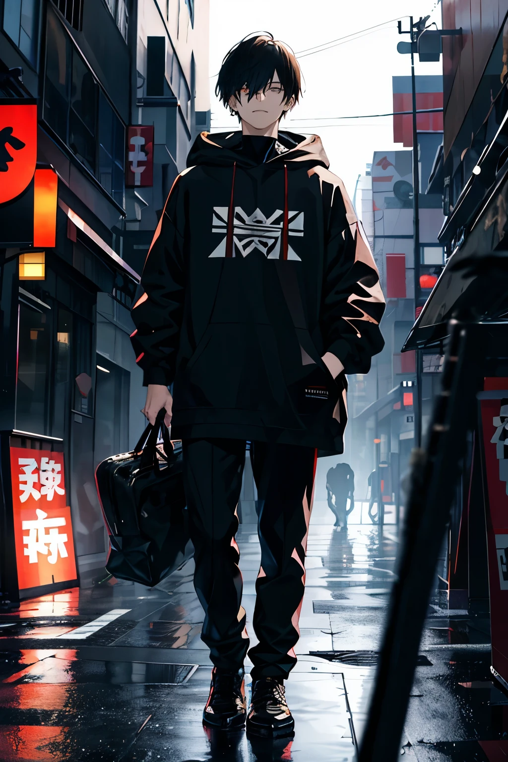 Walking out of the bomb pile, kk, best quality, more details, masterpiece, 1boy, kaneki ken, portrait, male focus, yelow eyes, black hair, solo, bangs, looking at viewer, Black shirt, short hair, rain, tokyo tokyo \(city\), hood up, nail polish, white hair, luxurious, 8k, detailed, ray tracing, depth of field, cinematic lighting, ((Bust up,Face looking down,low angles,Looking at the camera))
