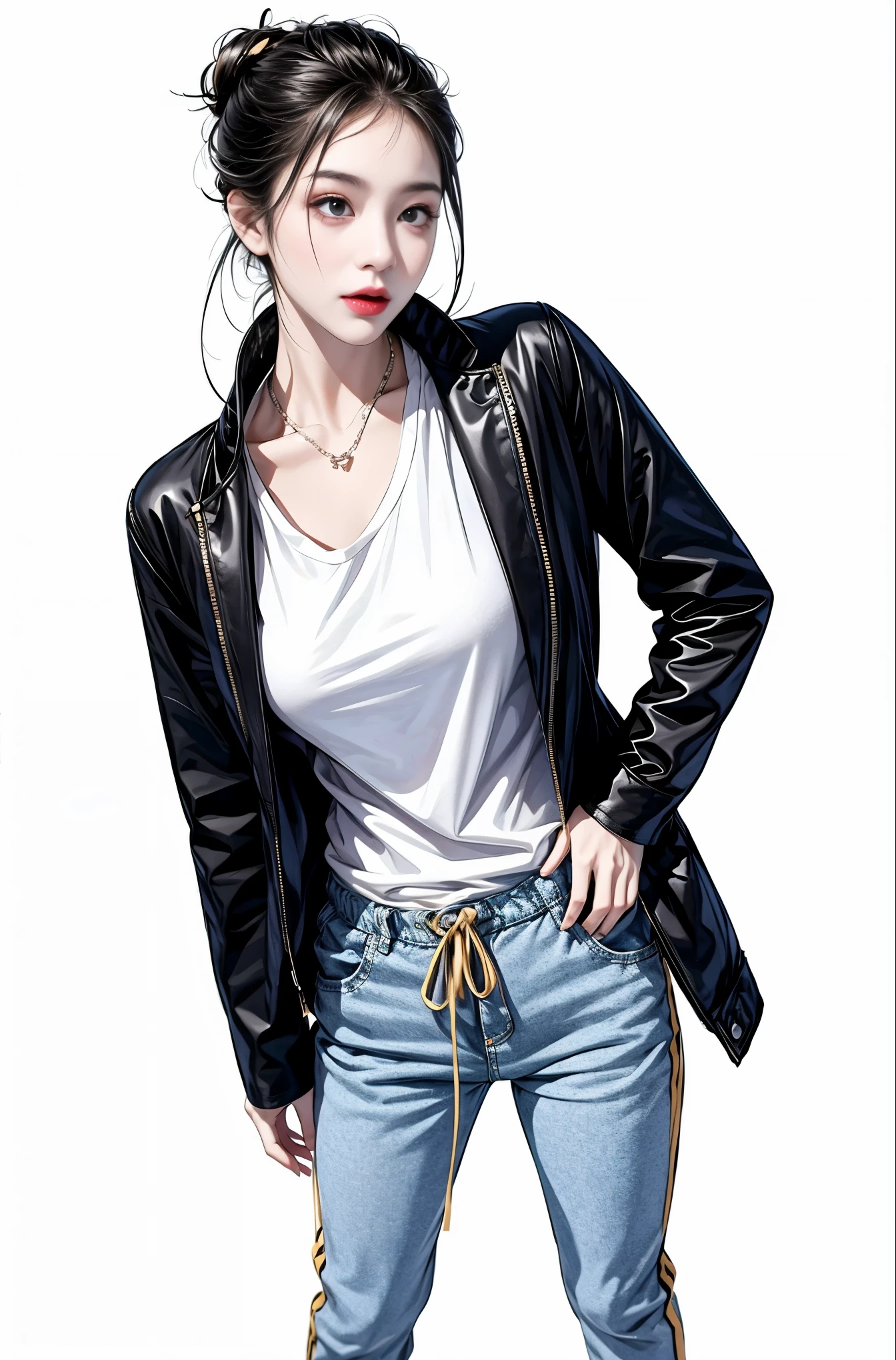 masterpiece, best quality, ((pure white background)), standing, black hair bun,cold face, full body, jacket, T-shirt, pants, (Fashionable clothing), happy, light effect, soft, super clear, high-definition picture, (front)